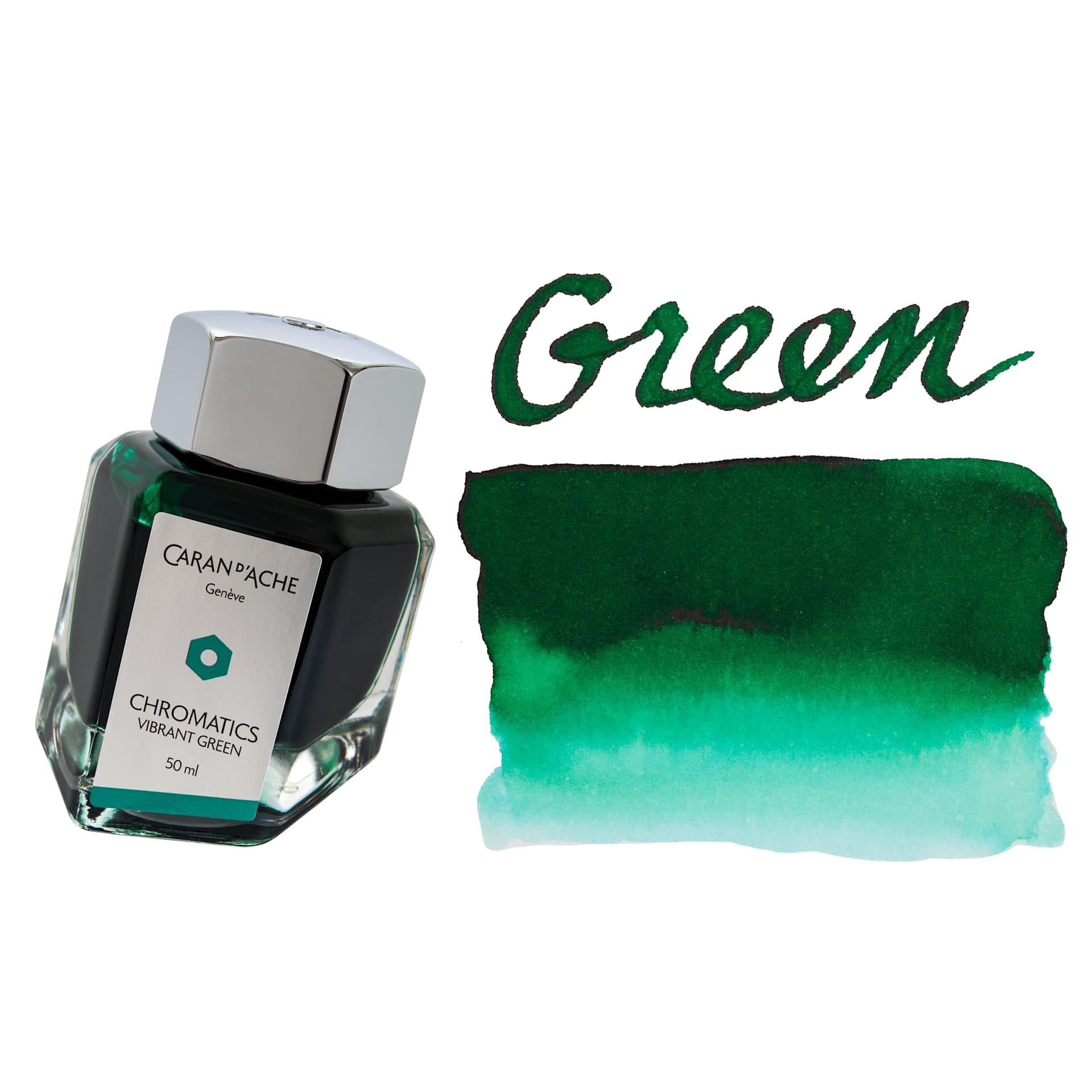 Caran d'Ache Chromatics Ink - Vibrant Green, swatch and jar