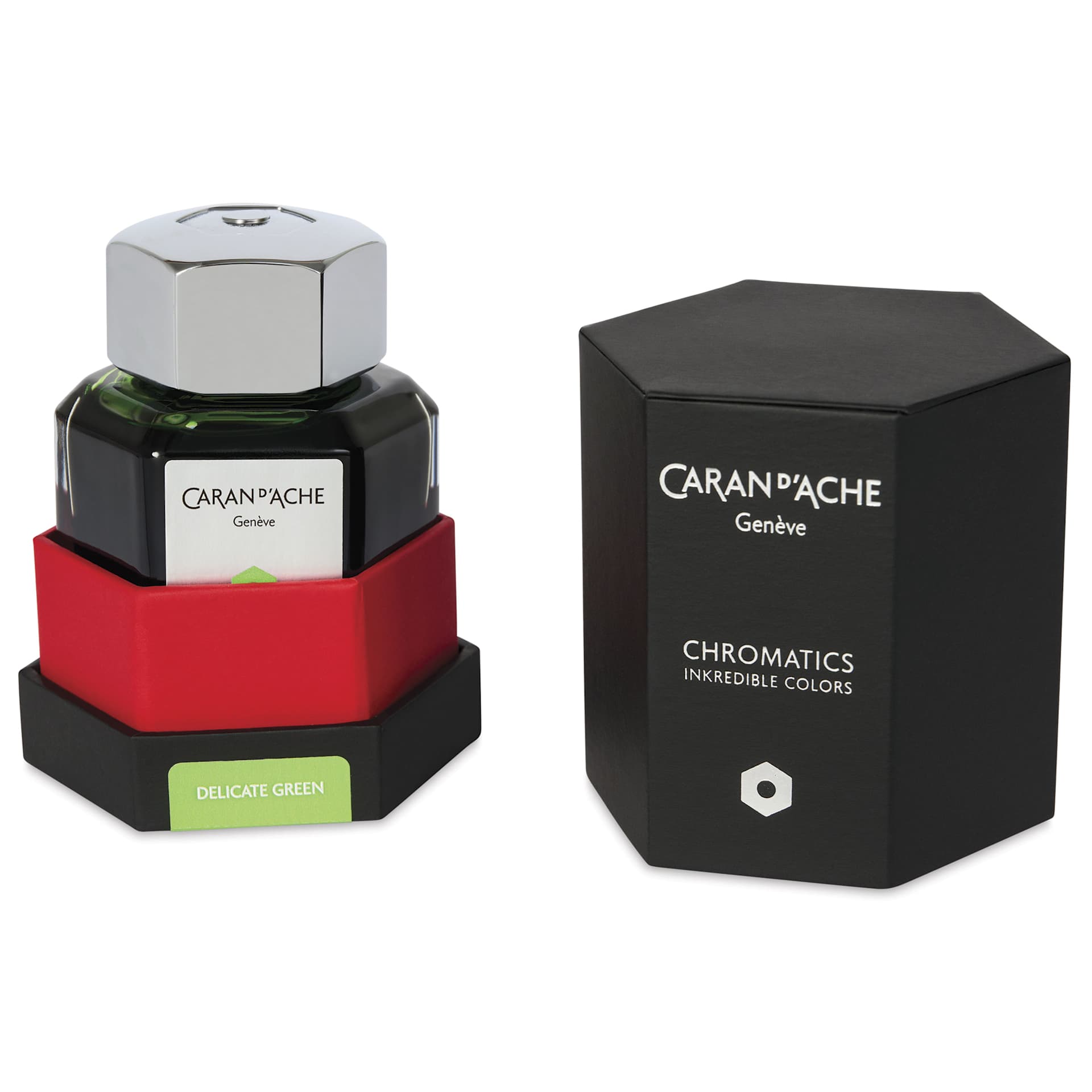 Caran d'Ache Chromatics Ink - Delicate Green, 50 ml Jar, jar in package next to lid