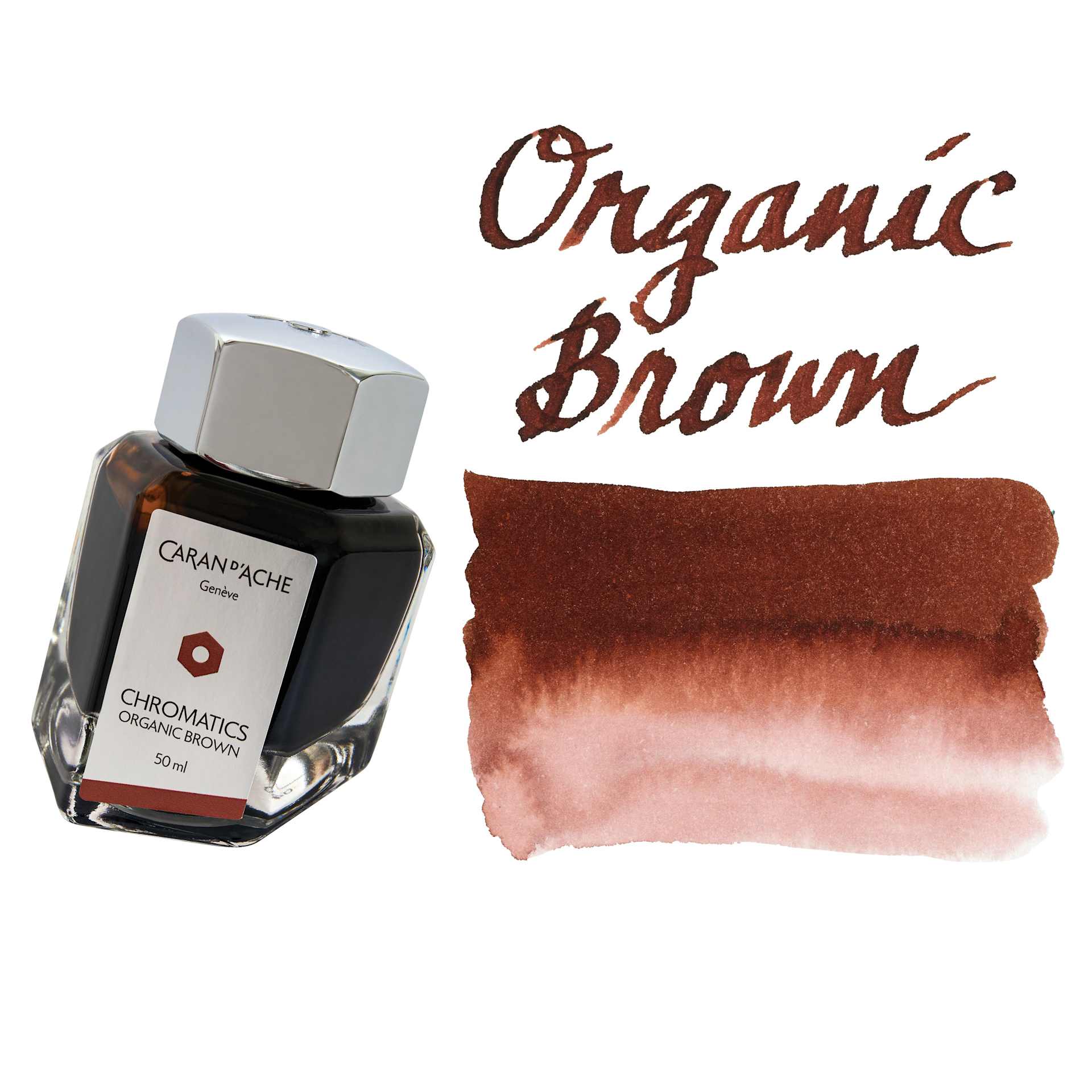 Caran d'Ache Chromatics Ink - Organic Brown, swatch and jar
