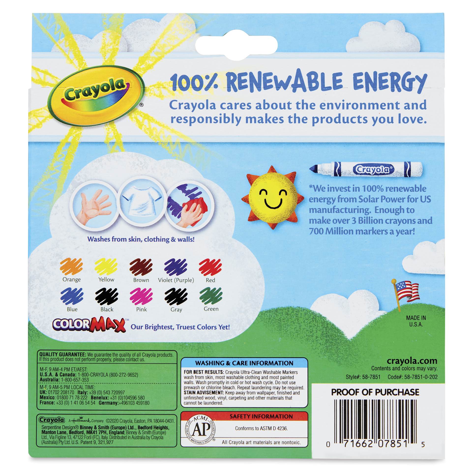 Crayola Ultra-Clean Washable Marker Set - Classic Colors, Broad Tip, Set of 10, back of package