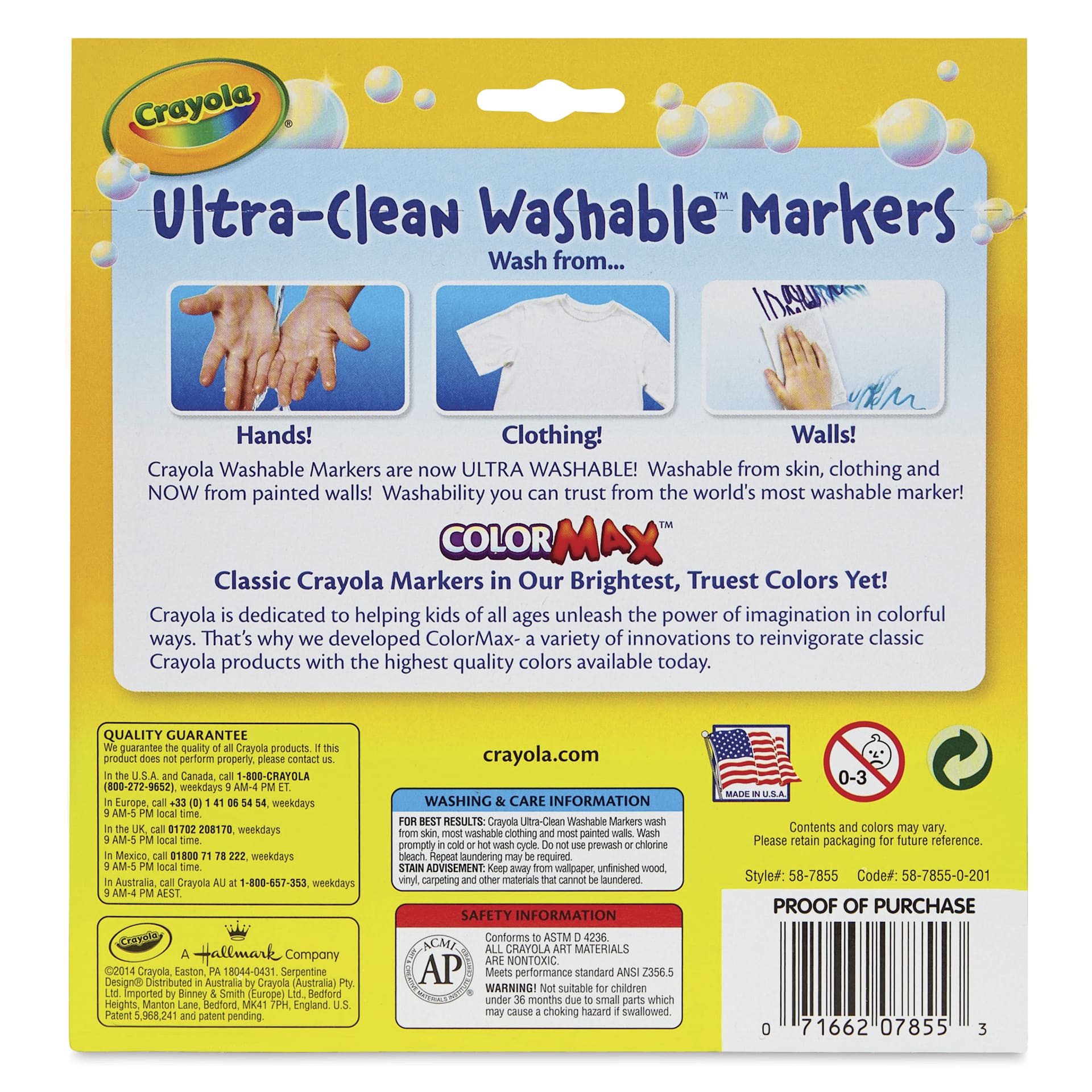 Crayola Ultra-Clean Washable Marker Set - Bright Colors, Broad Tip, Set of 10, back of package