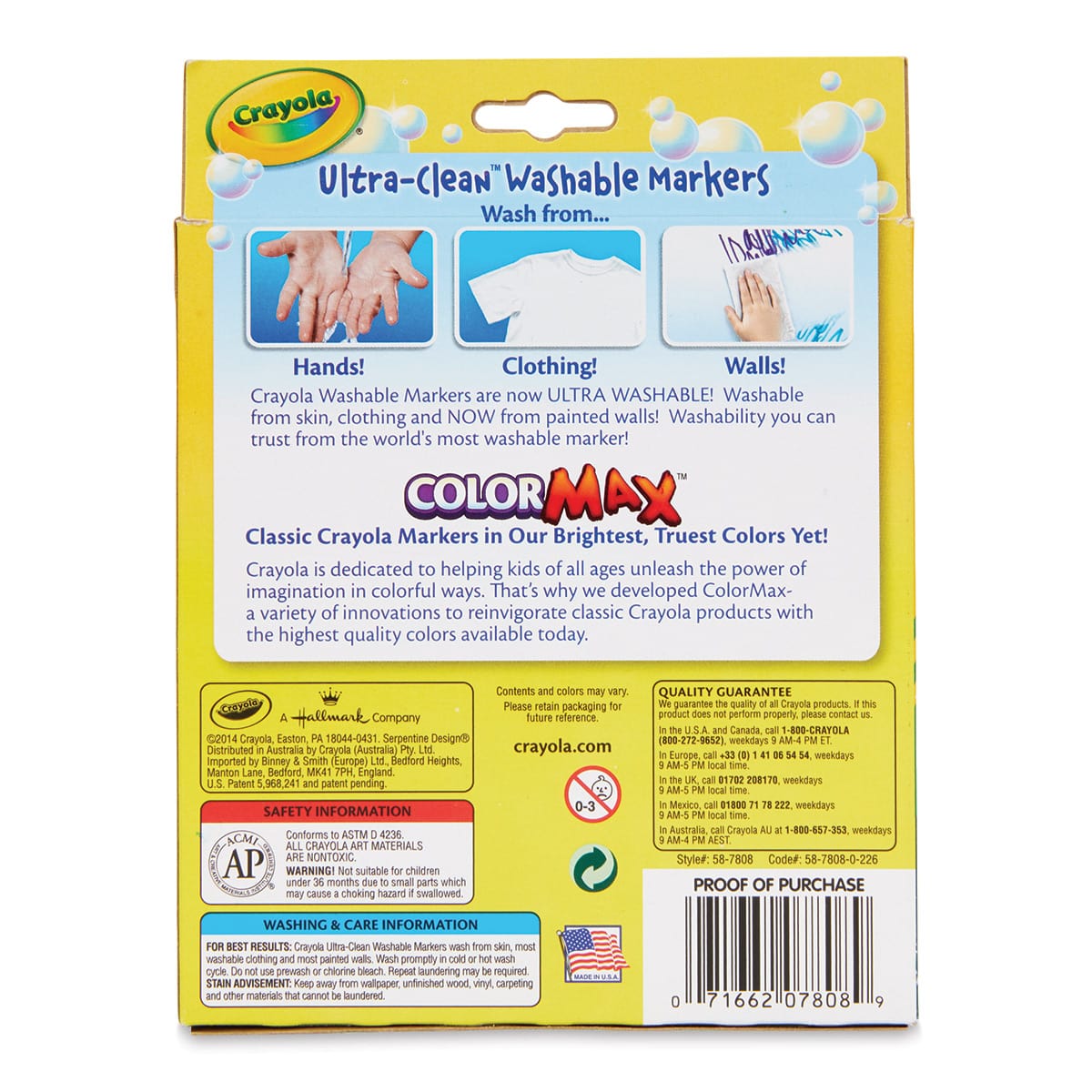 Crayola Ultra-Clean Washable Marker Set - Classic Colors, Broad Tip, Set of 8 (back of package)