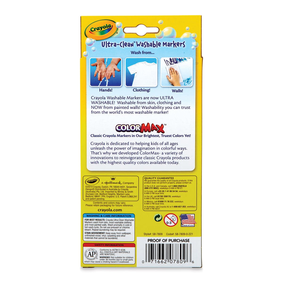 Crayola Ultra-Clean Washable Marker Set - Classic Colors, Thin Line, Set of 8 (back of package)