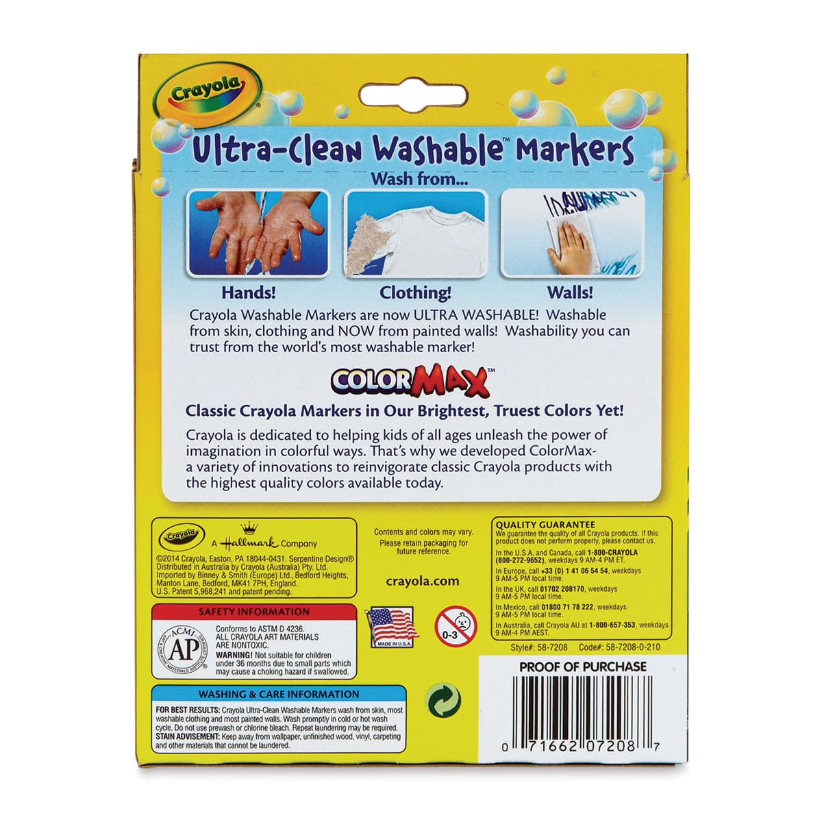 Crayola Ultra-Clean Washable Marker Set - Classic Colors, Wedge Tip, Set of 8 (back of package)