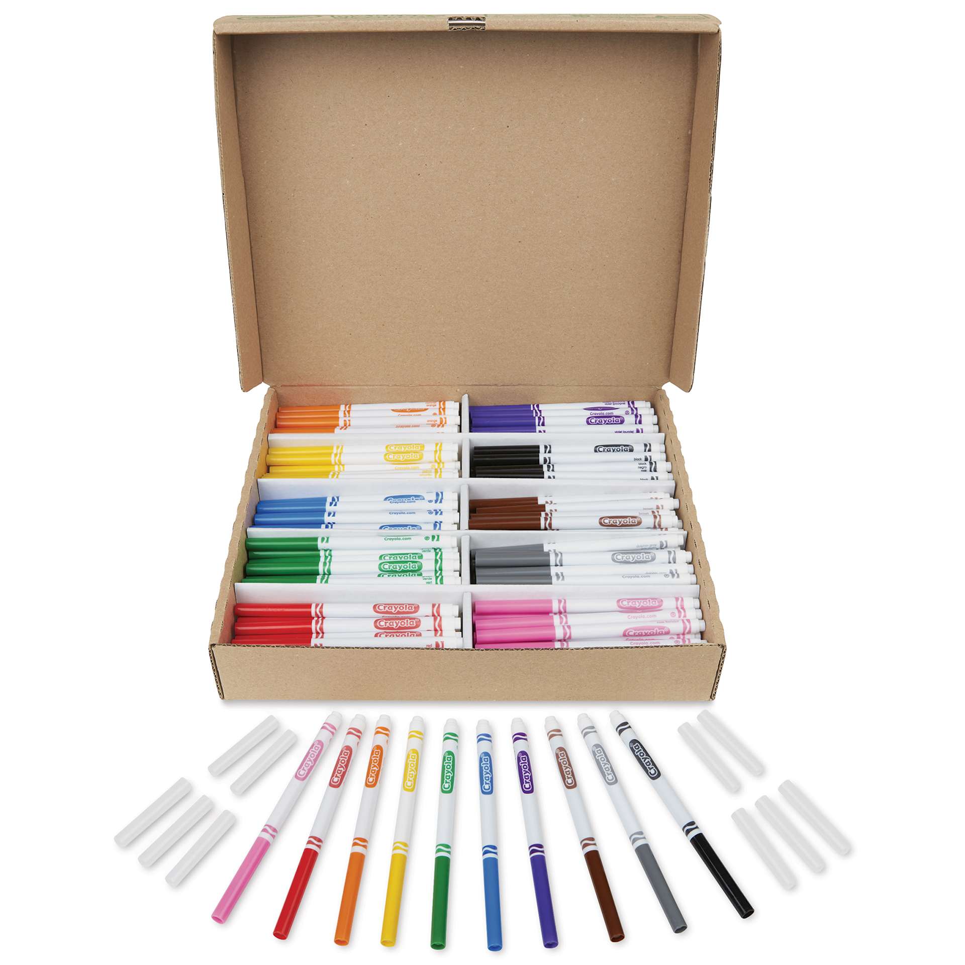 Crayola Fine Line Markers - Assorted Colors, Set of 200, markers and replacement caps fanned out