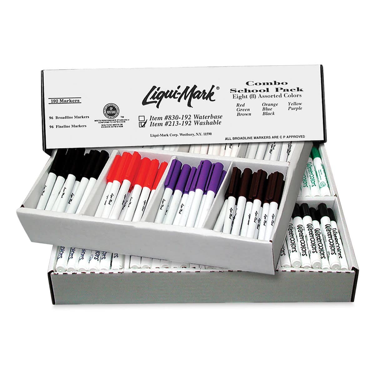 Liqui-Mark School Pack Markers - Package of 192 Fine and Broad Assorted Markers in package with lid