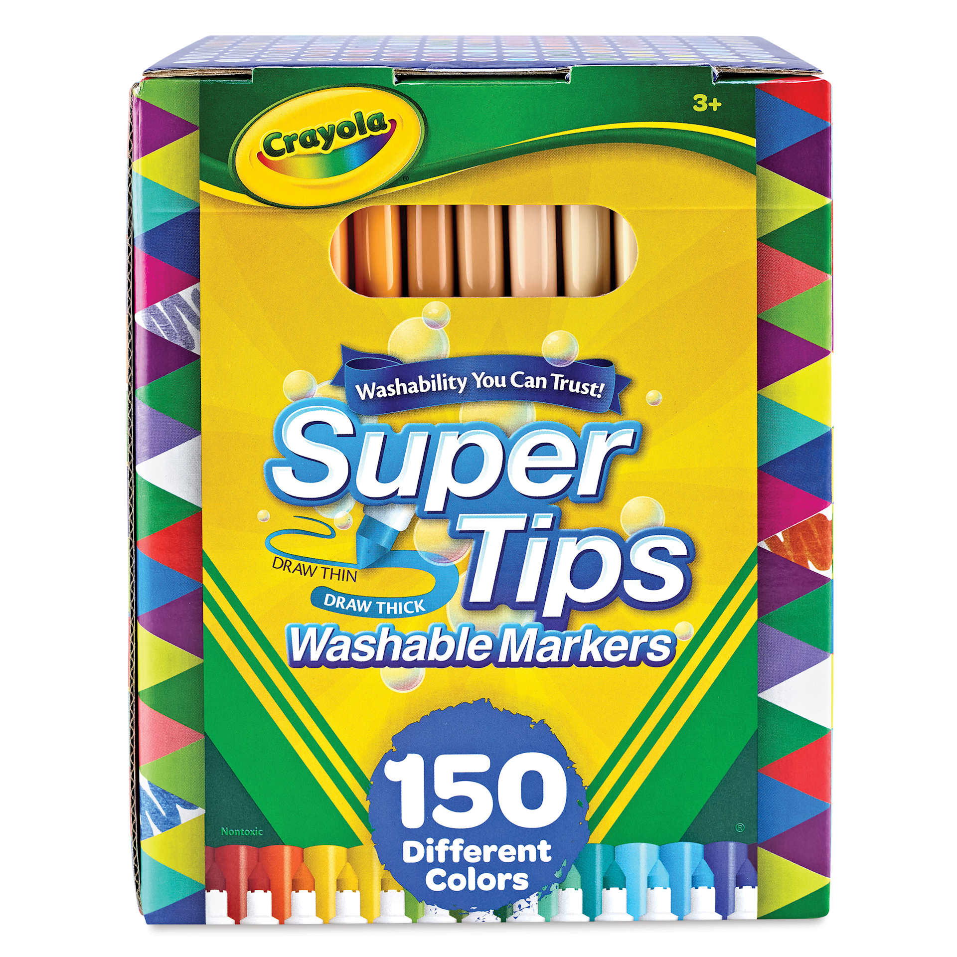Crayola Super Tips Washable Markers - Assorted Colors, Fine Line, Set of 150, front of the packaging