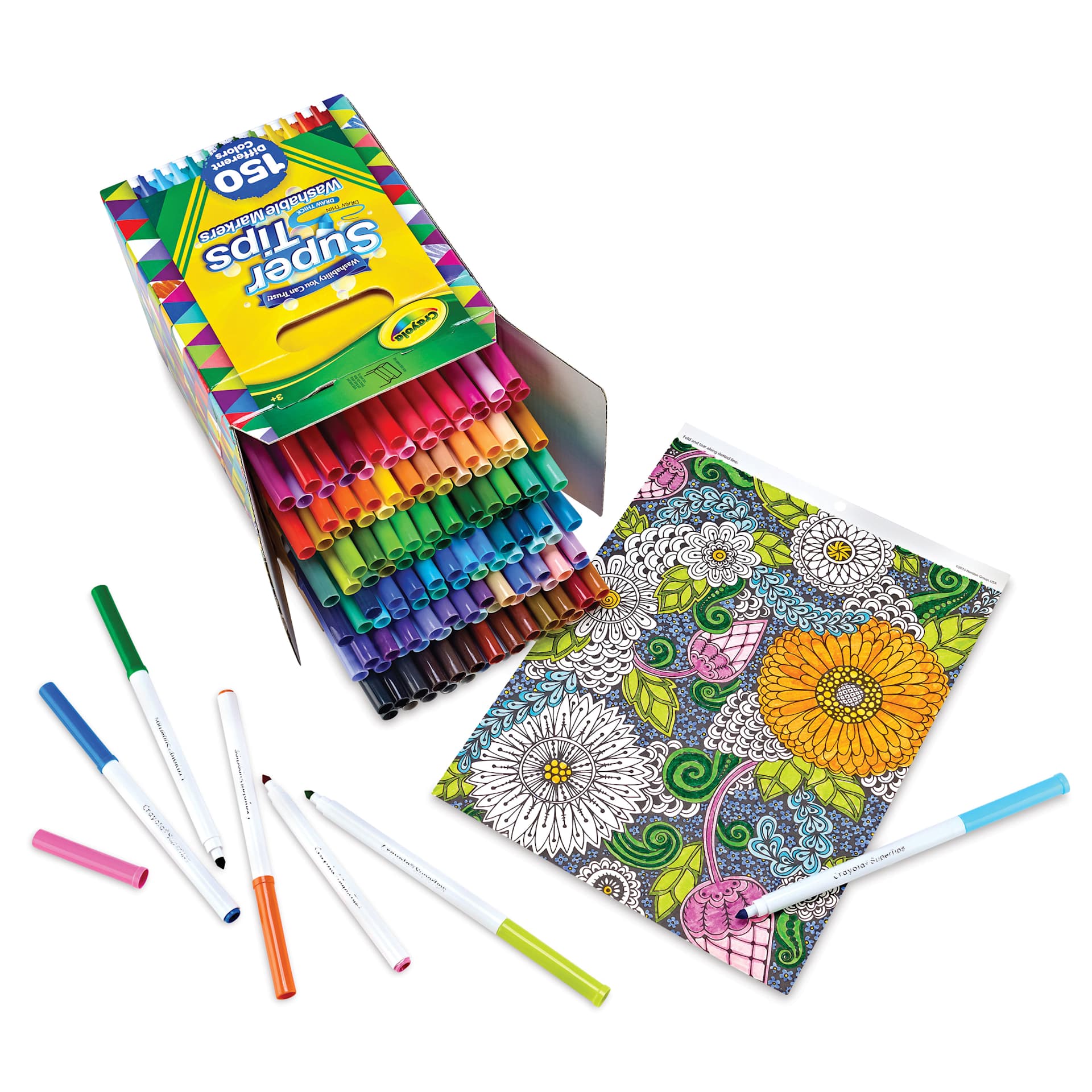 Crayola Super Tips Washable Markers - Assorted Colors, Fine Line, Set of 150, contents laid out