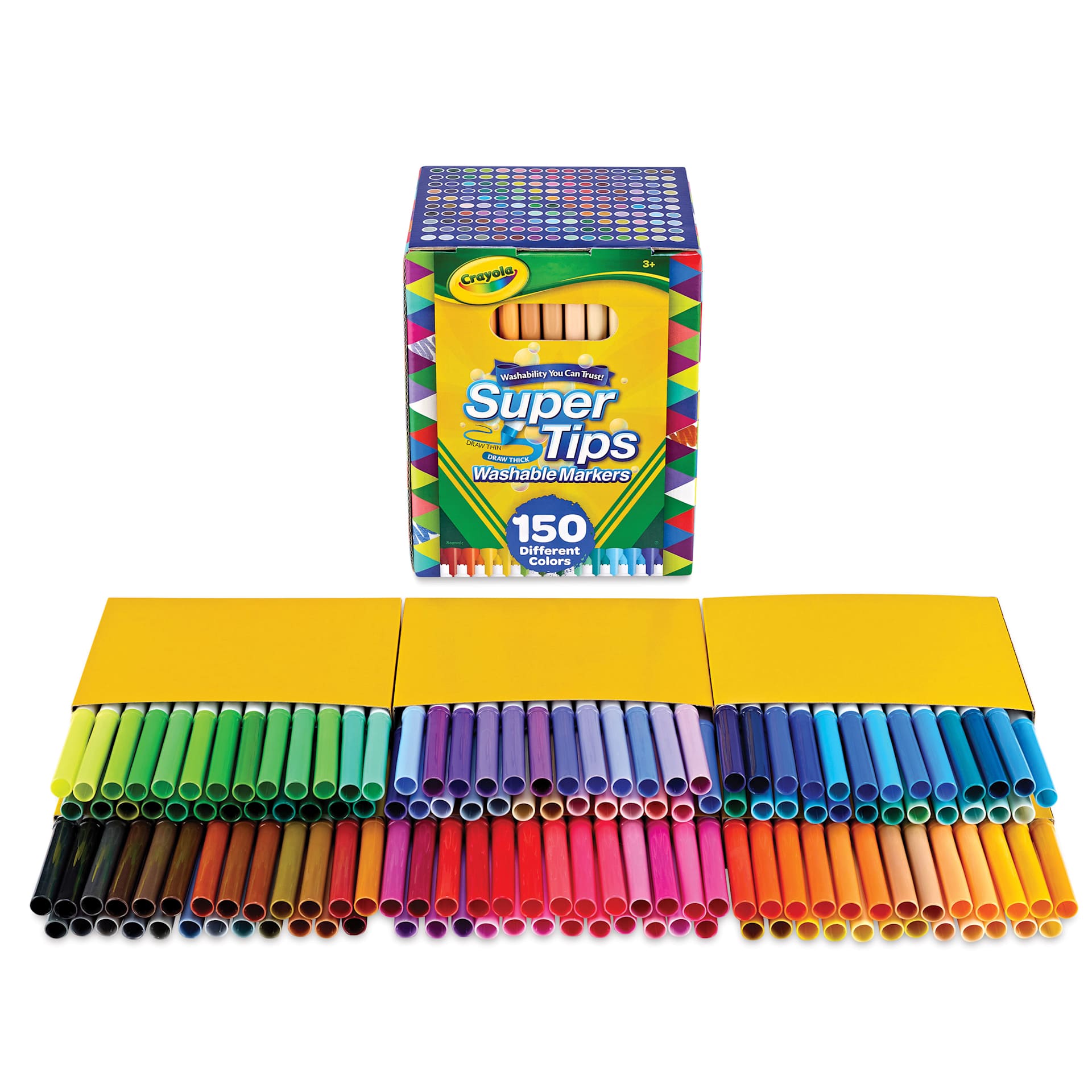 Crayola Super Tips Washable Markers - Assorted Colors, Fine Line, Set of 150, contents laid out