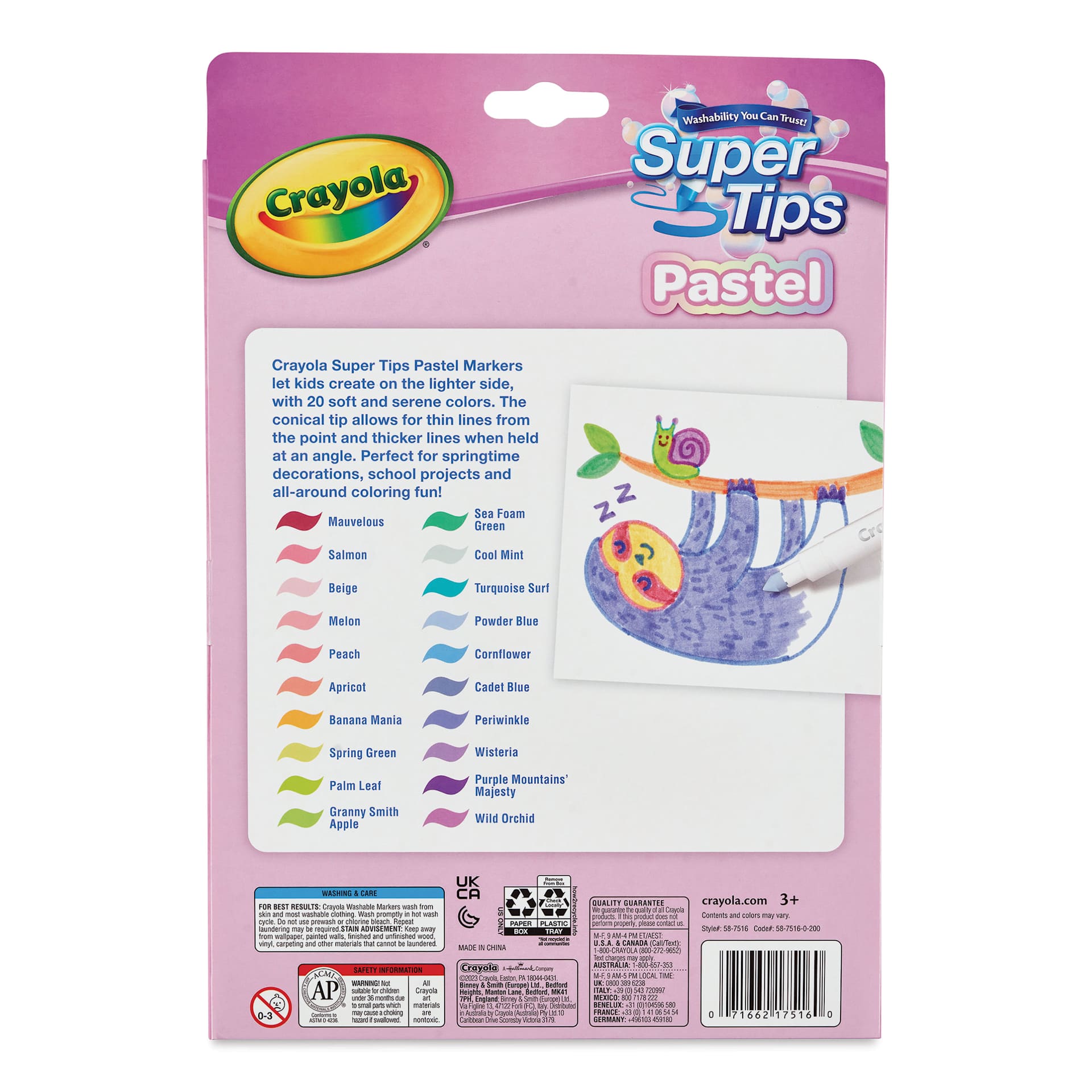 Crayola Super Tips Washable Marker - Pastel Colors, Set of 20, back of the packaging