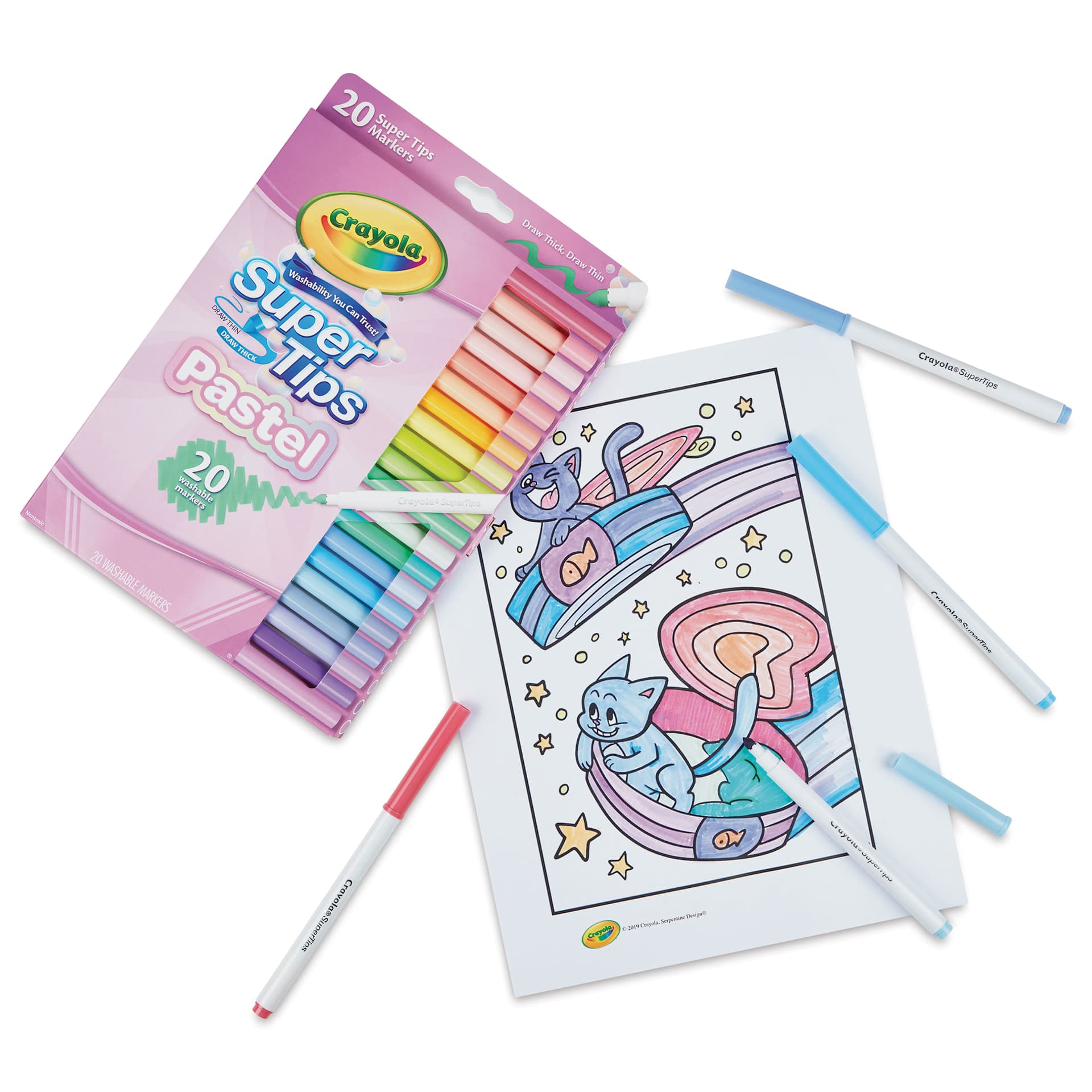 Crayola Super Tips Washable Marker - Pastel Colors, Set of 20, colored in sheet next to pack
