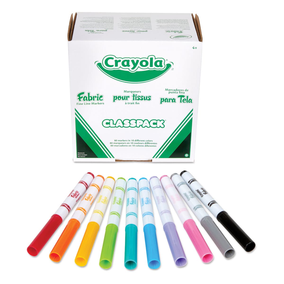 Crayola Fabric Markers - Class pack of 80 markers shown with capped markers in front showing colors