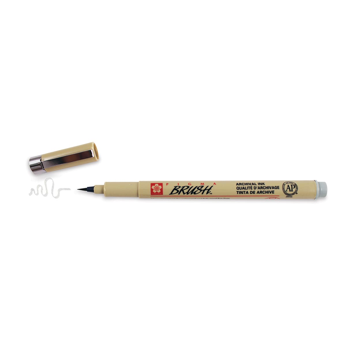Sakura Pigma Brush Marker - Single Gray Marker shown horizontally and uncapped with ink swatch