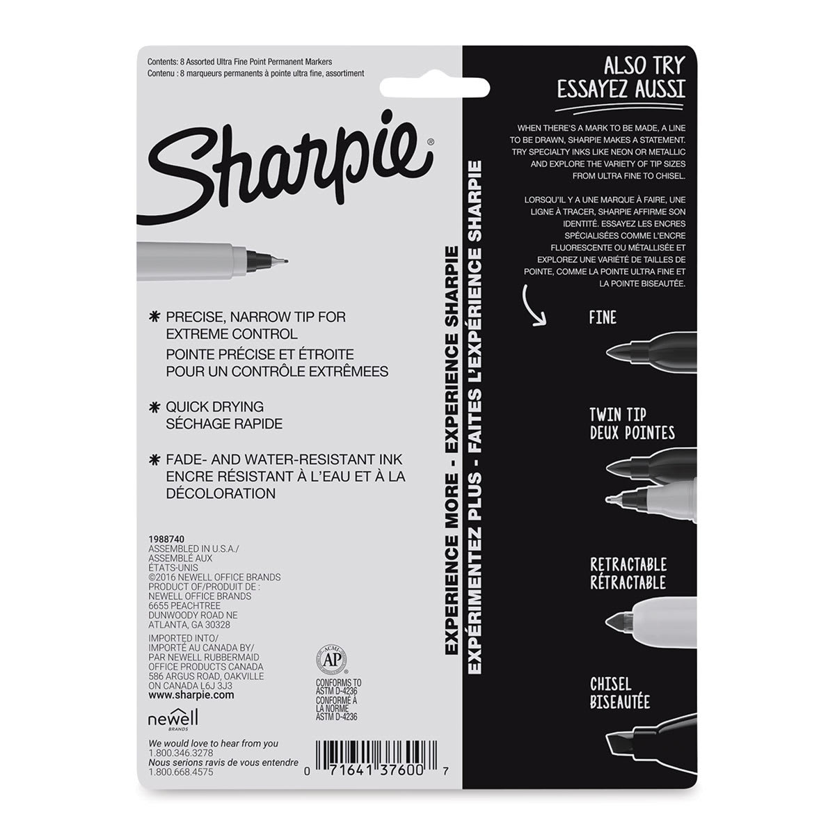 Sharpie Ultra-Fine Point Marker - Assorted Colors, Set of 8, back of the packaging