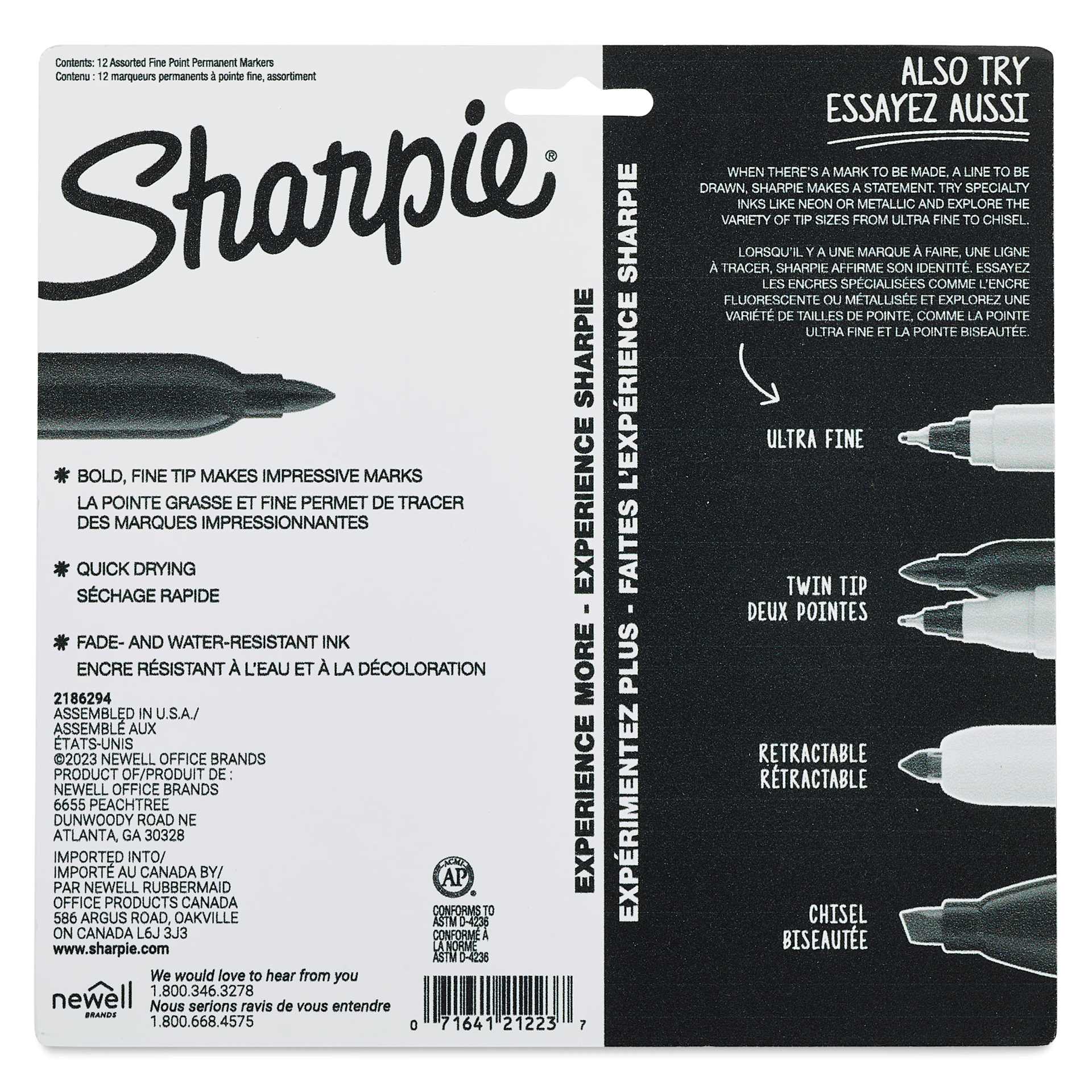 Sharpie Fine Point Permanent Markers - Glam Pop Colors, Set of 12, back of the packaging