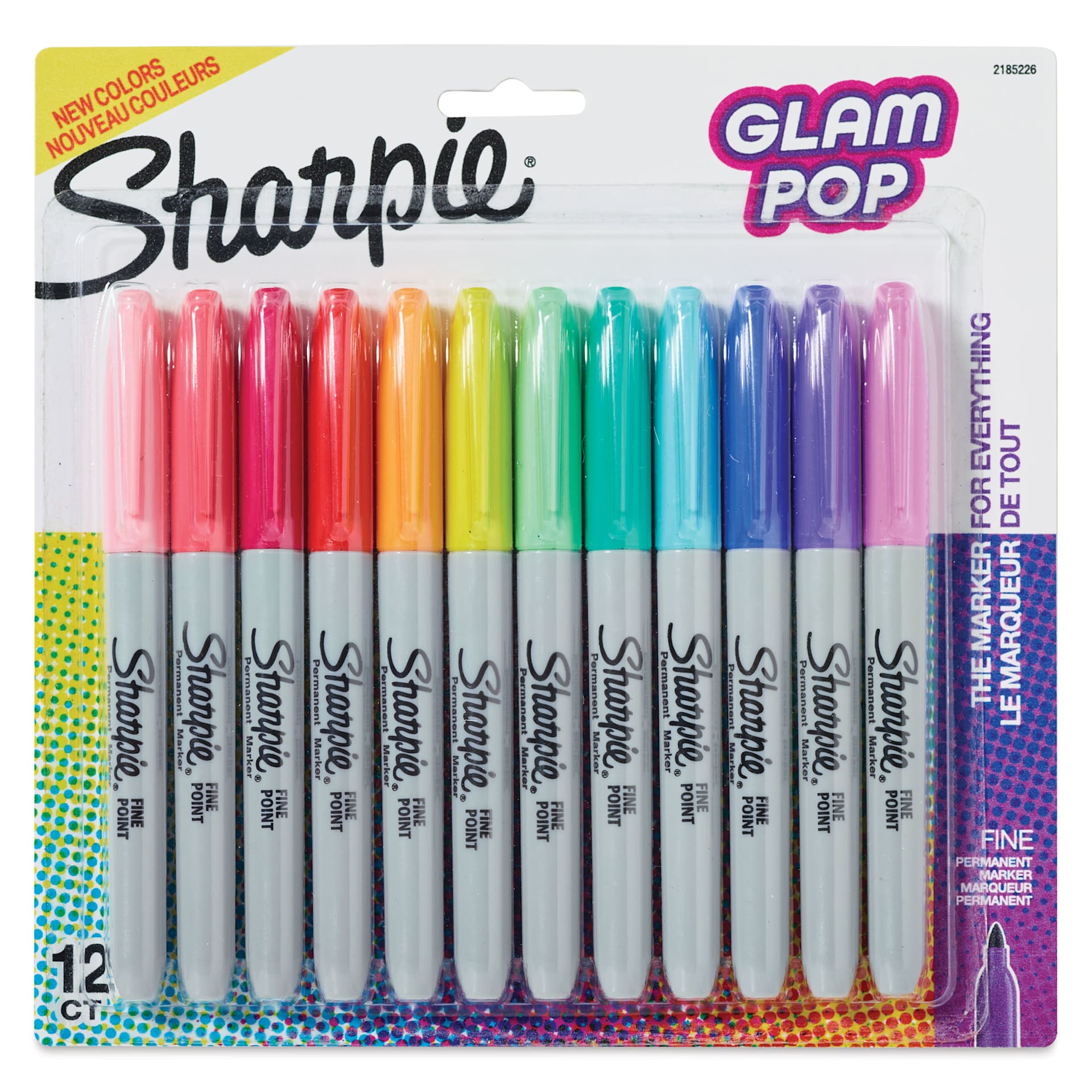Sharpie Fine Point Permanent Markers - Glam Pop Colors, Set of 12, front of the packaging