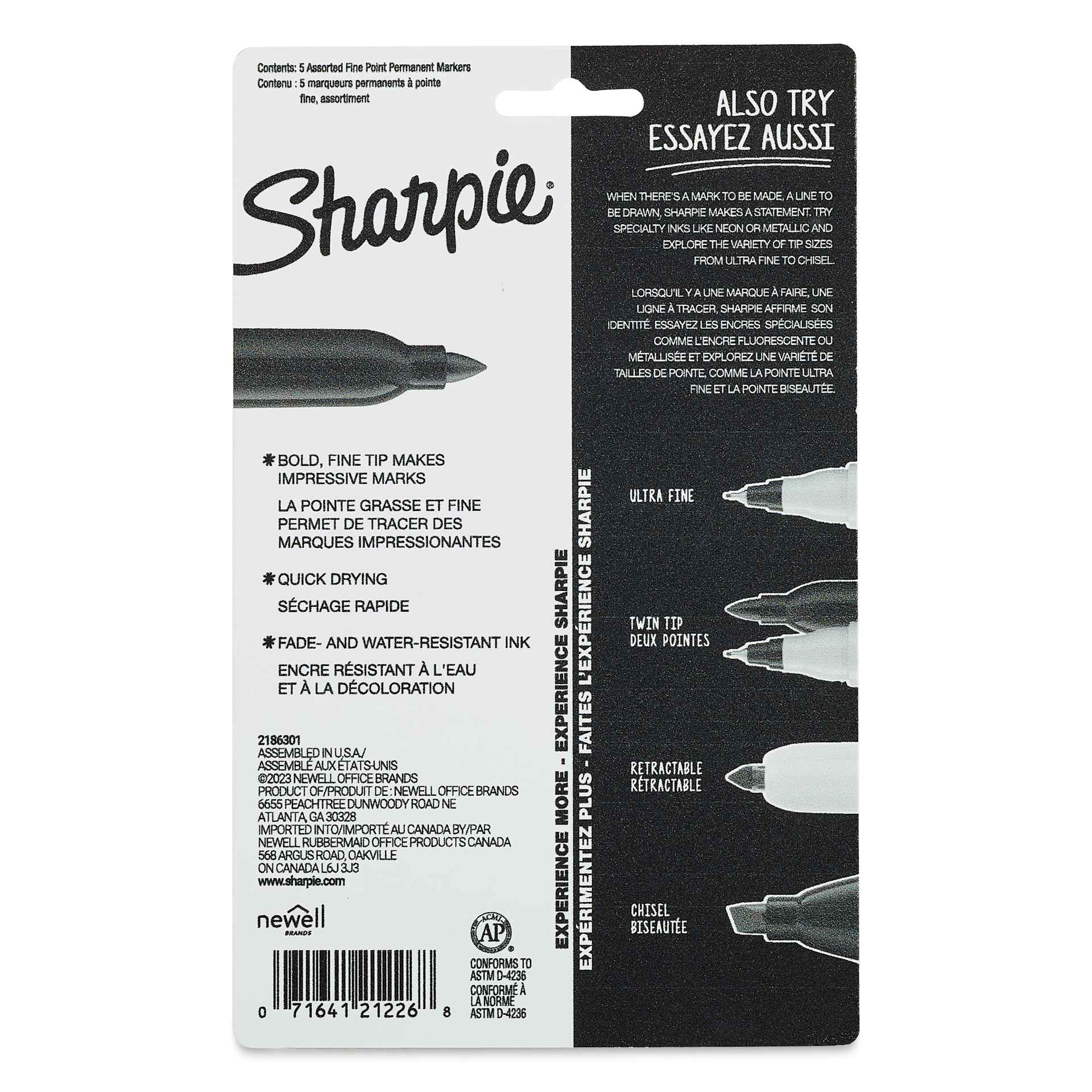 Sharpie Fine Point Permanent Markers - Glam Pop Colors, Set of 5, back of the packaging