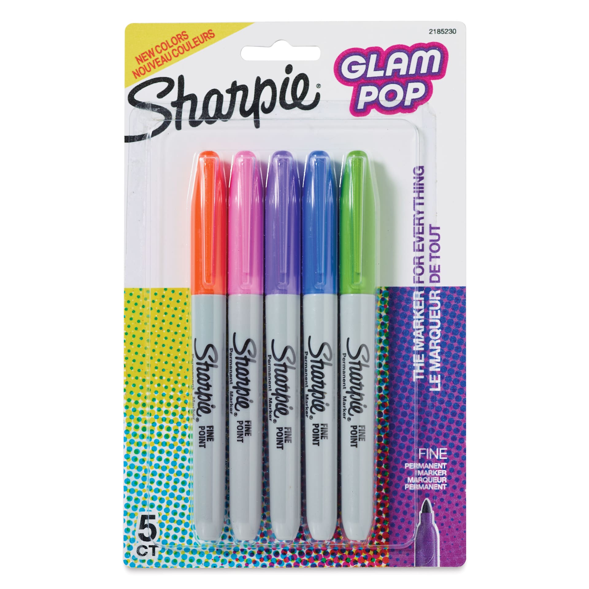 Sharpie Fine Point Permanent Markers - Glam Pop Colors, Set of 5, front of the packaging