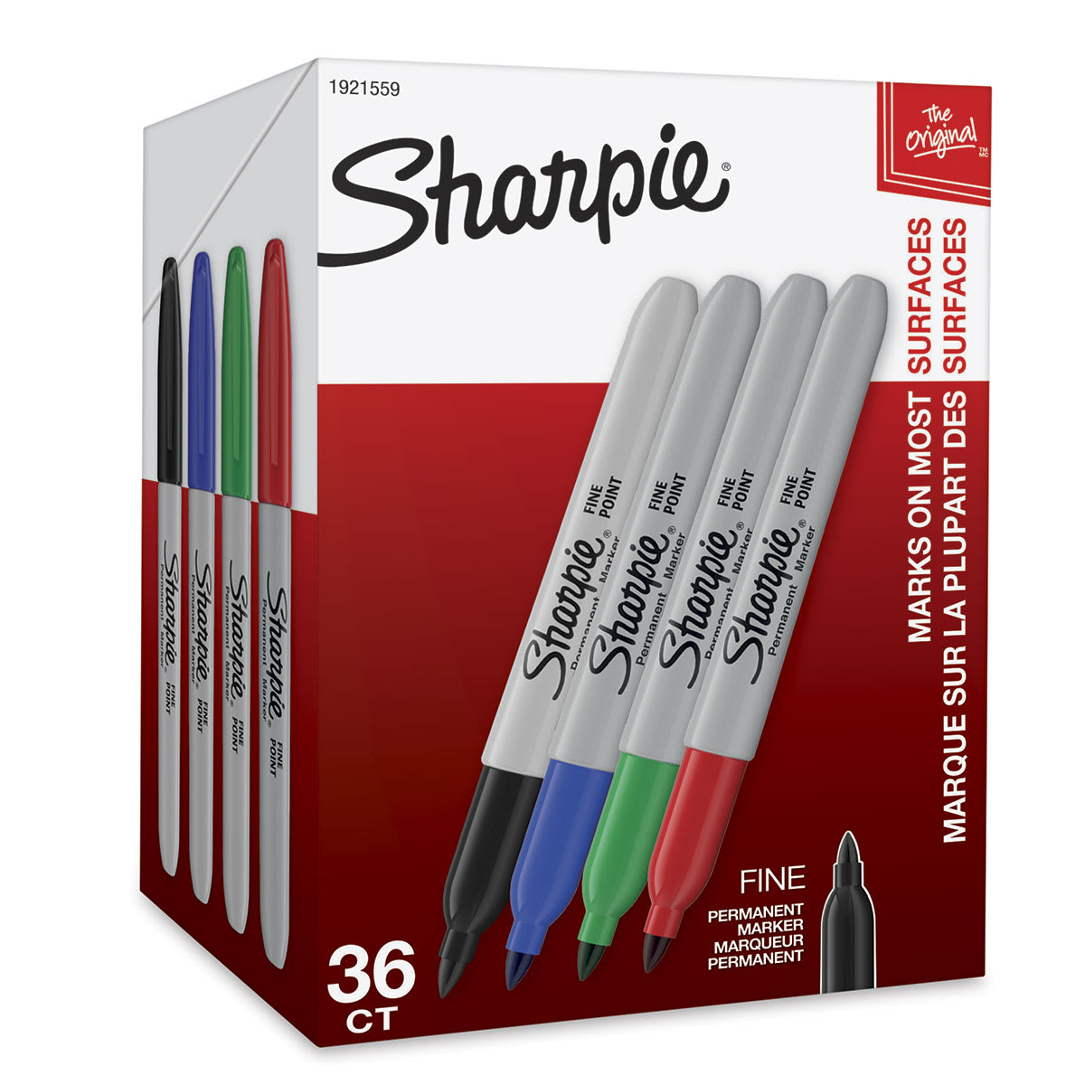 Sharpie Fine Point Permanent Markers - Assorted Colors, Set of 36, front of the packaging