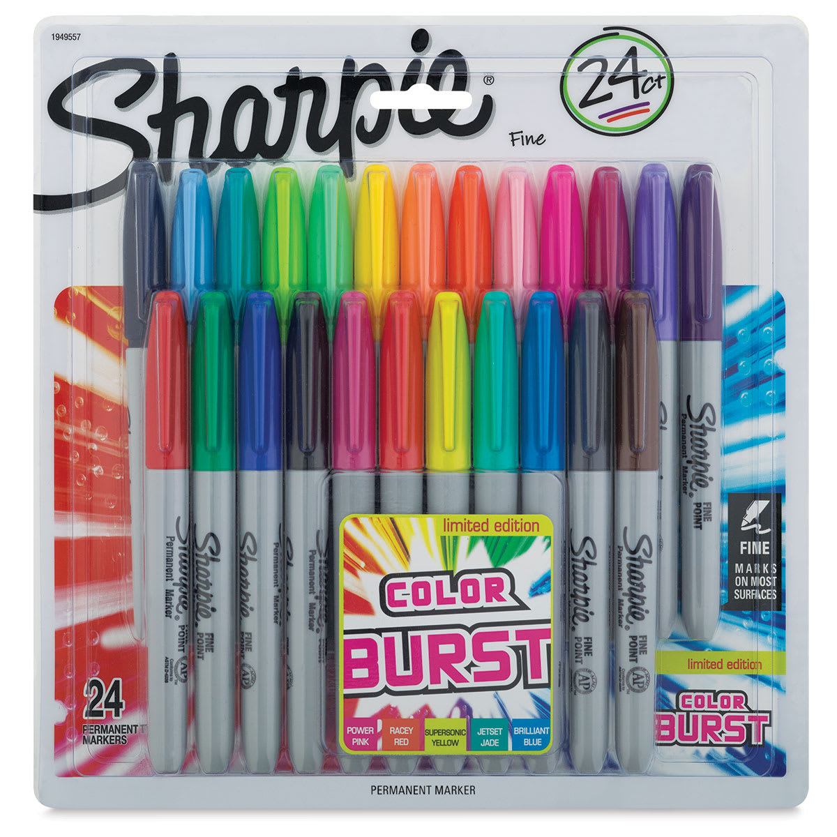 Sharpie Fine Point Permanent Markers - Color Burst Colors, Set of 24, front of the packaging