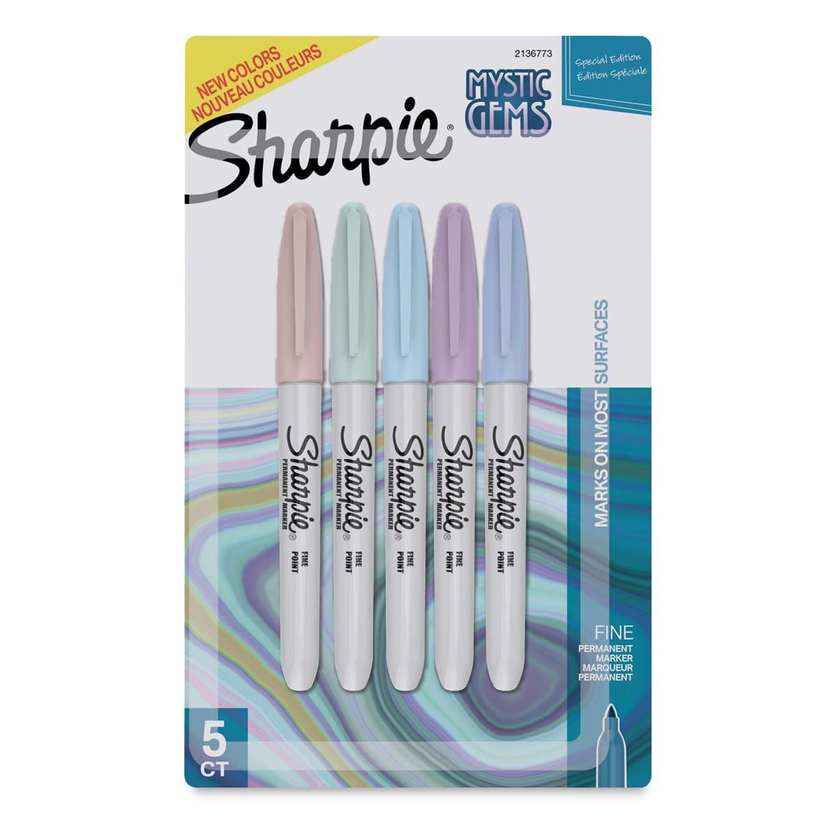 Sharpie Fine Point Permanent Markers - Mystic Gem Colors, Set of 5 (front of package)