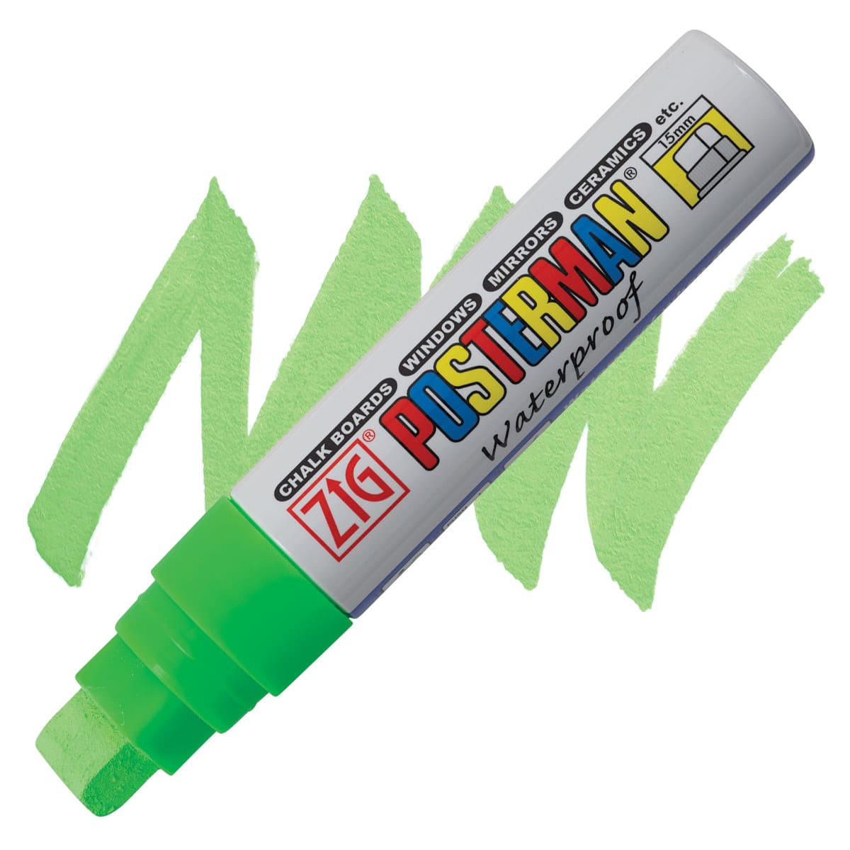 Zig Posterman Paint Marker - 15 mm, Fluorescent Green, Big & Broad marker and swatch