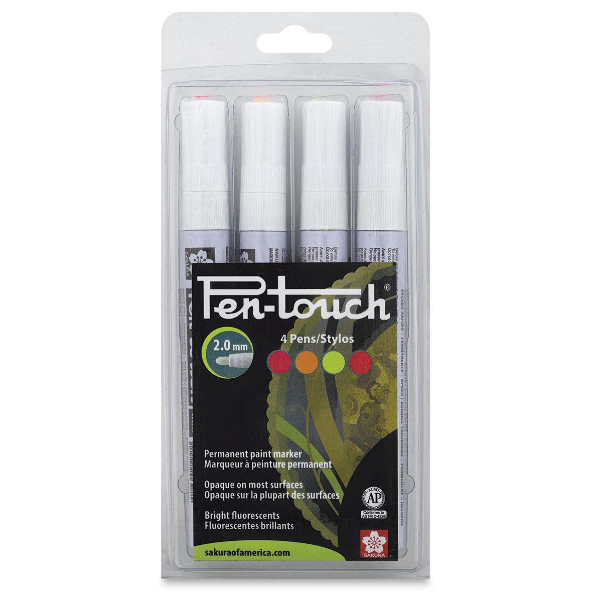 Sakura Pen-Touch Paint Marker Set - Front of package of 4 pc Fluorescent Colors Set, Medium Tip 