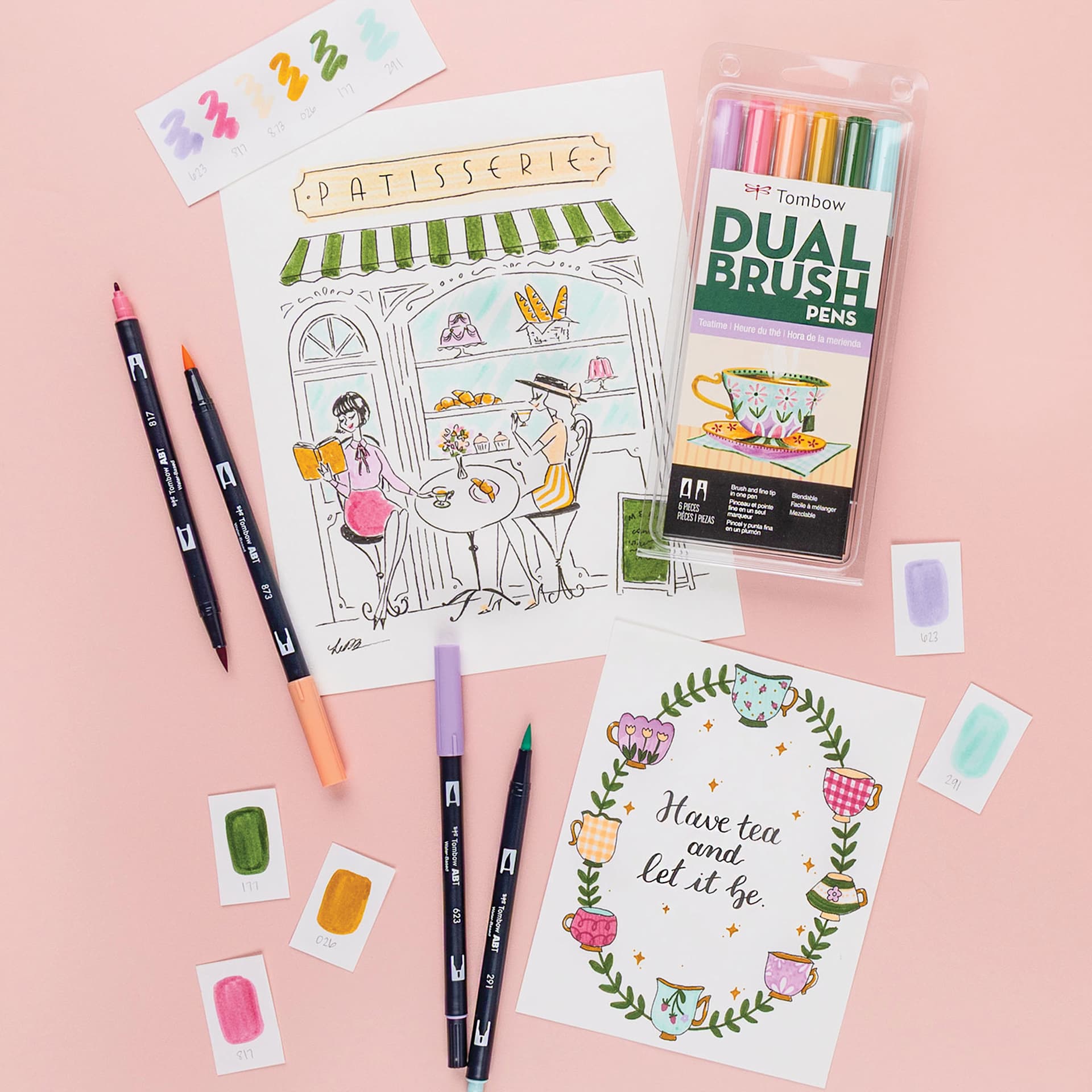 Tombow Dual Brush Pens - Teatime, Set of 6, teashop artwork
