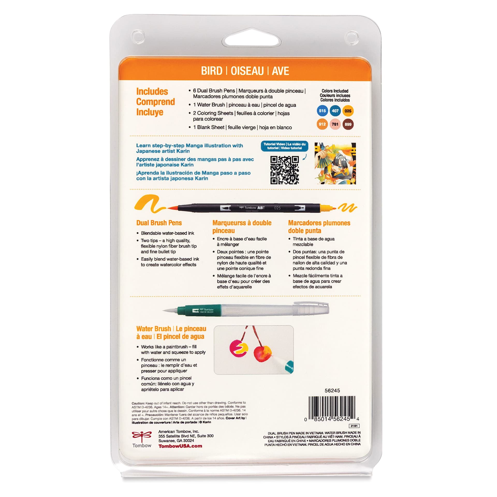 Tombow Dual Brush Manga Illustration Pens - Bird, Kit of 10, back of the packaging