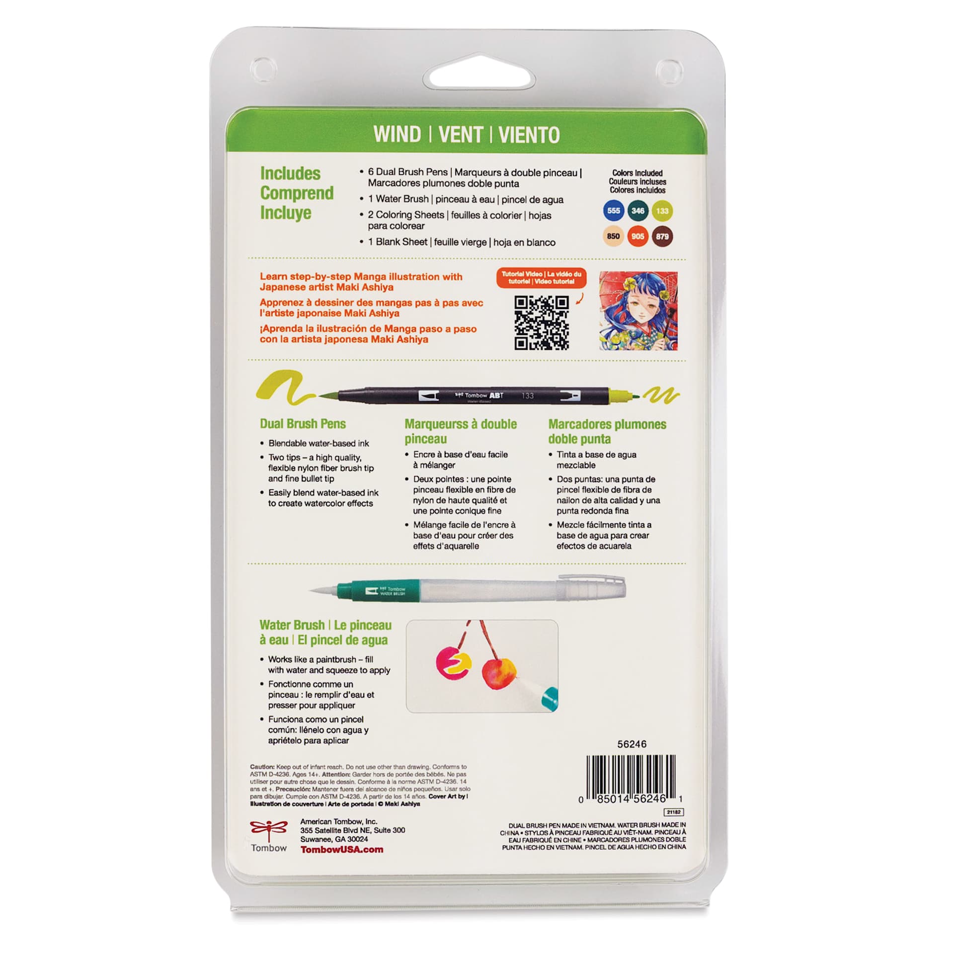 Tombow Dual Brush Manga Illustration Pens - Wind, Kit of 10, back of the packaging