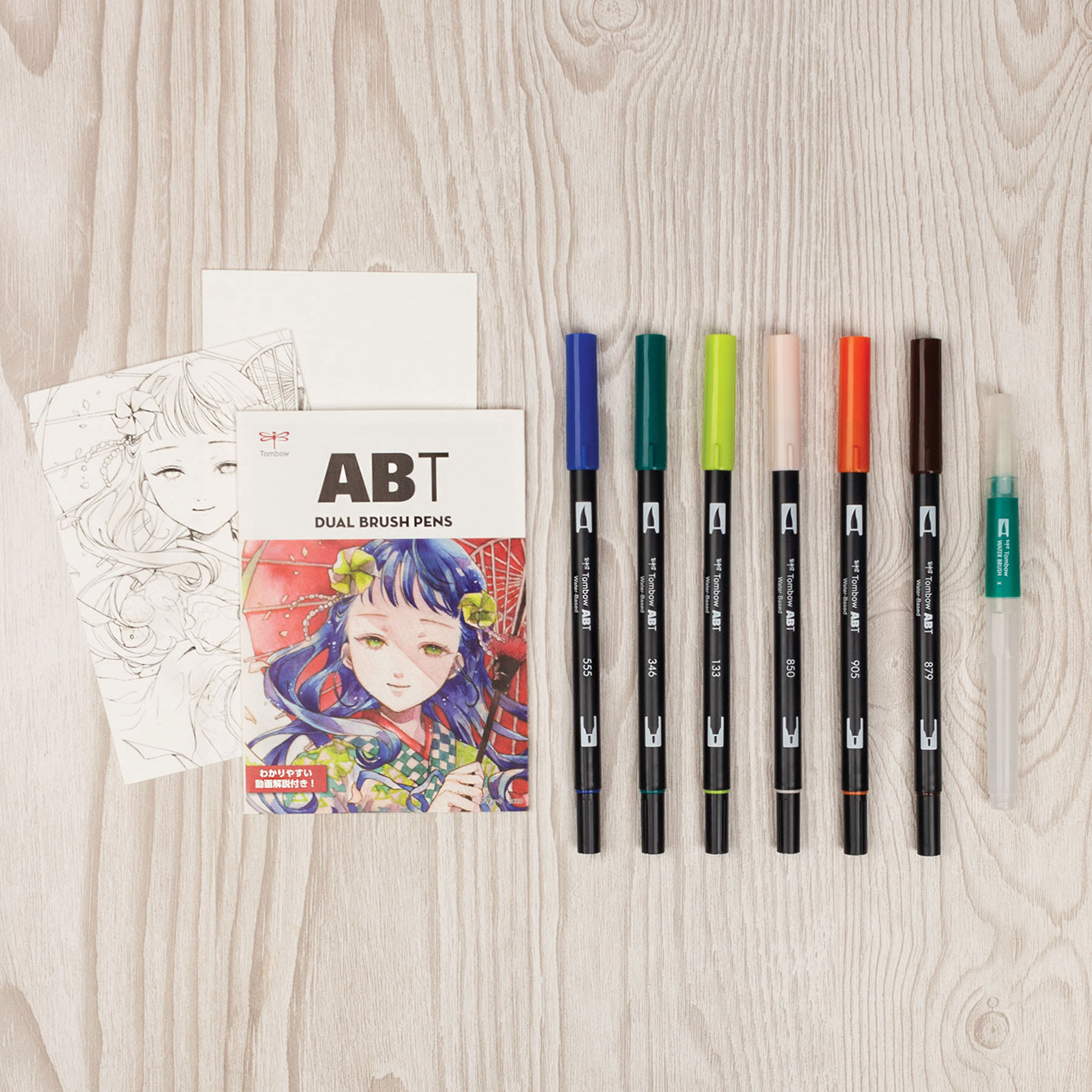 Tombow Dual Brush Manga Illustration Pens - Wind, Kit of 10, contents laid out