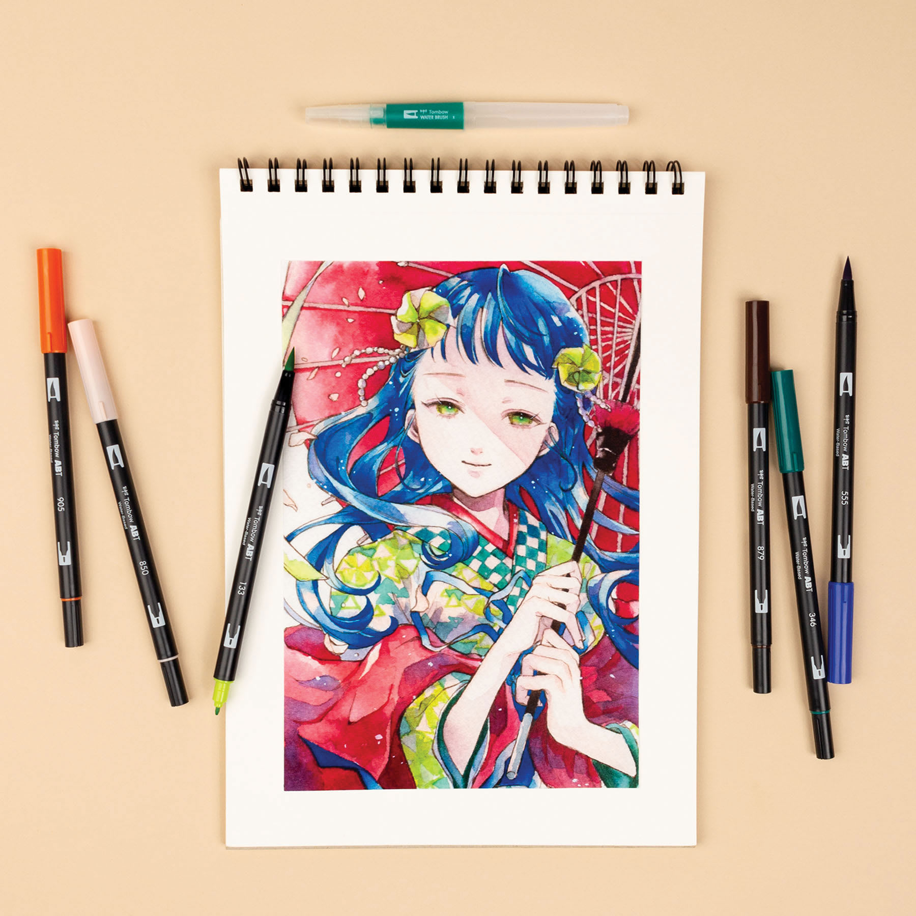 Tombow Dual Brush Manga Illustration Pens - Wind, Kit of 10, artwork and markers