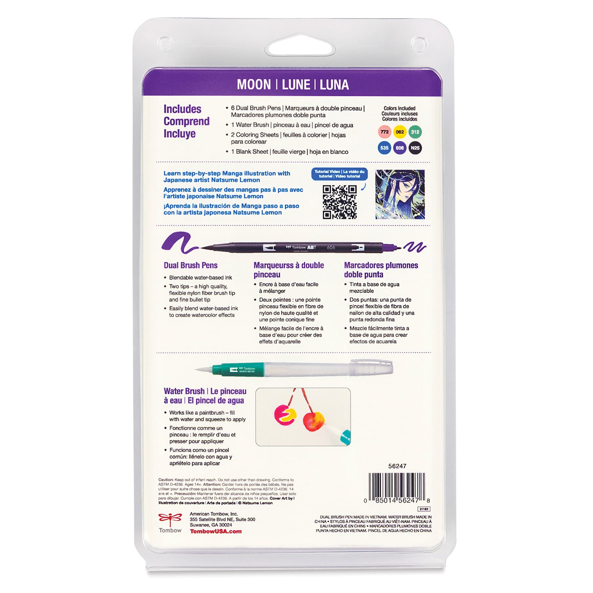 Tombow Dual Brush Manga Illustration Pens - Moon, Kit of 10, back of the packaging