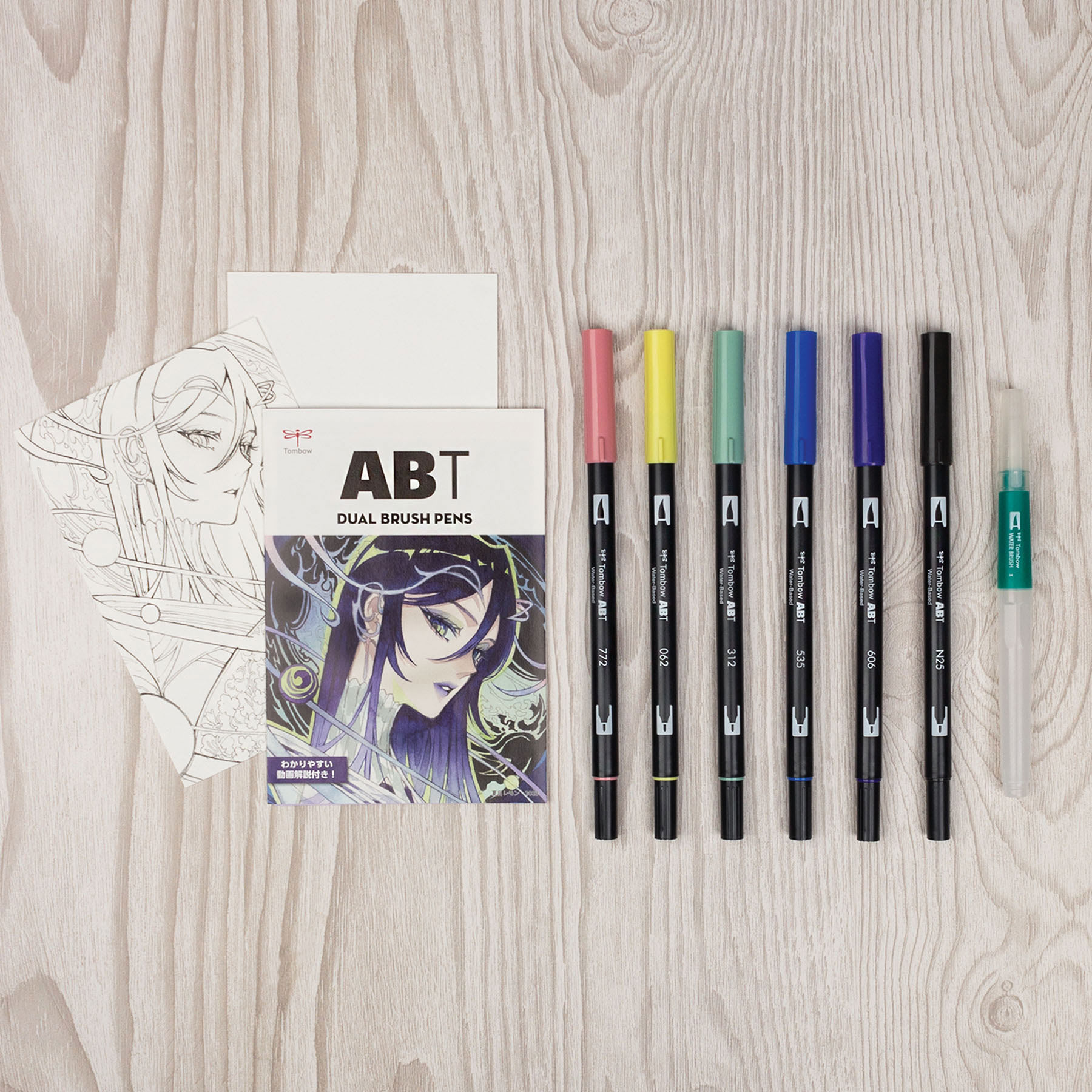 Tombow Dual Brush Manga Illustration Pens - Moon, Kit of 10, contents laid out
