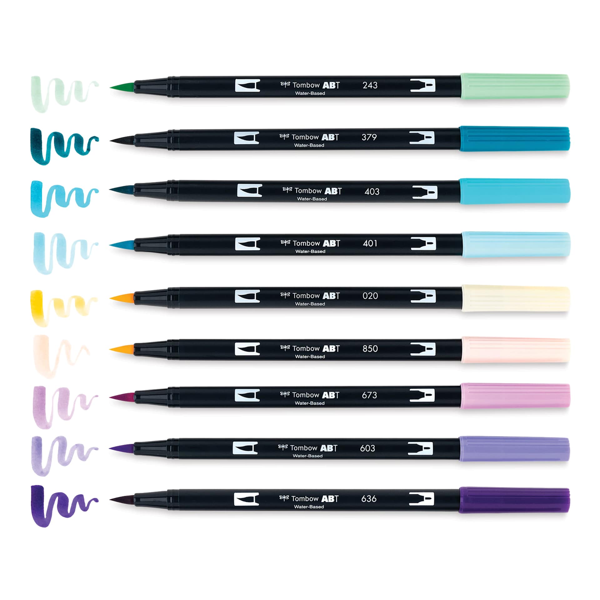 Tombow Dual Brush Pens - Mermaids, Set of 10, pens with swatches