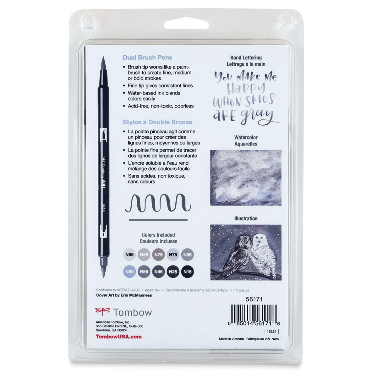 Tombow Dual Brush Pens - Gray Scale Colors, Set of 10. Back of package.