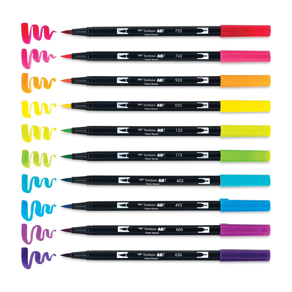 Tombow Dual Brush Pens - Bright Colors, Set of 10. Pens with swatches.