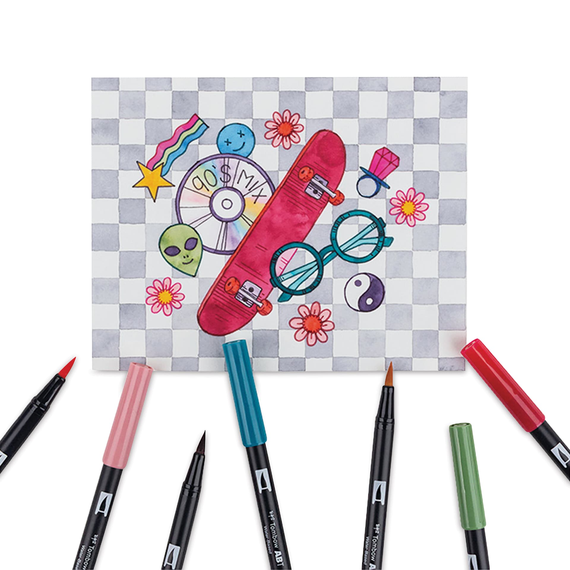 Tombow Dual Brush Pens - Nineties Colors, Set of 10 (pens with a drawing of 90's items)