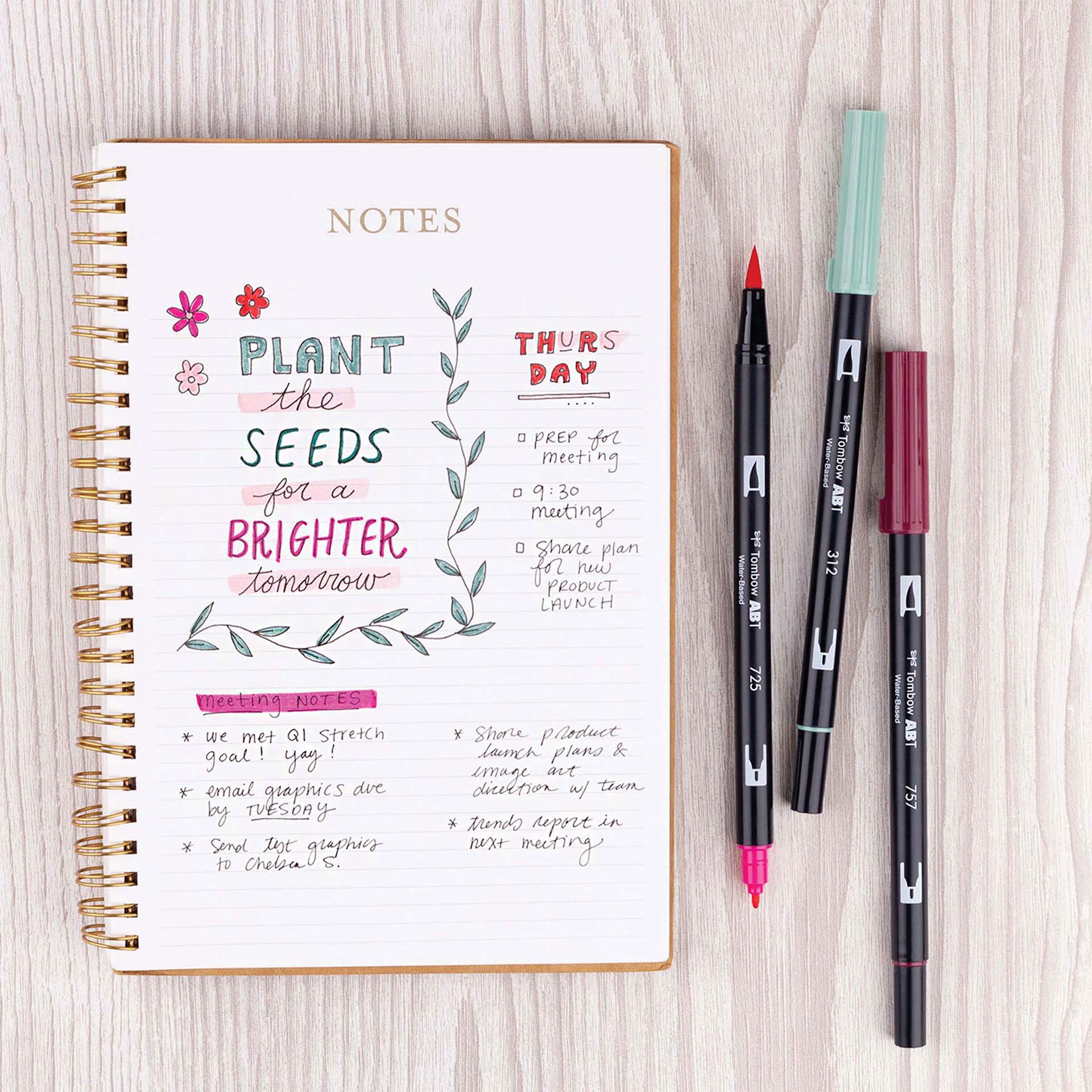 Tombow Dual Brush Pens - Very Berry, Set of 6, notebook with daily schedule written in brush pens