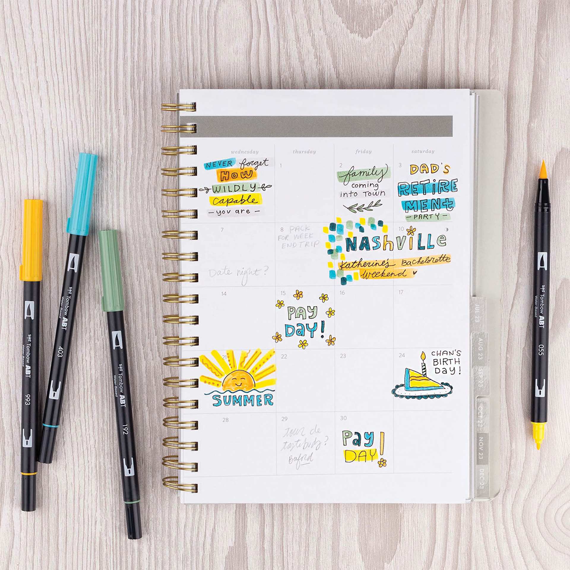 Tombow Dual Brush Pens - Lemon Squeezy, Set of 6, calendar filled in with brush pen notes