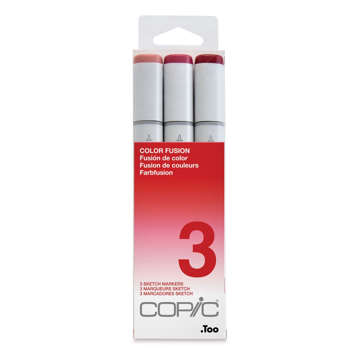 Copic Sketch Markers, Set of 3. Color Fusion 3. Front of package, light to dark red colors.