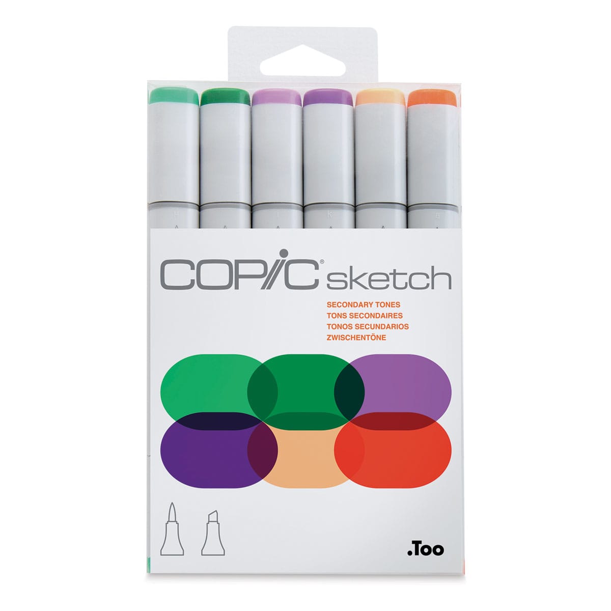 Copic Sketch Markers, Set of 6. Secondary Tones. Front of package with green, pink, orange colors.
