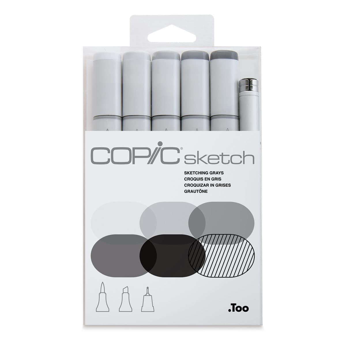 Copic Sketch Markers, Set of 6. Skteching Grays. Front of package with light to dark gray shades. 