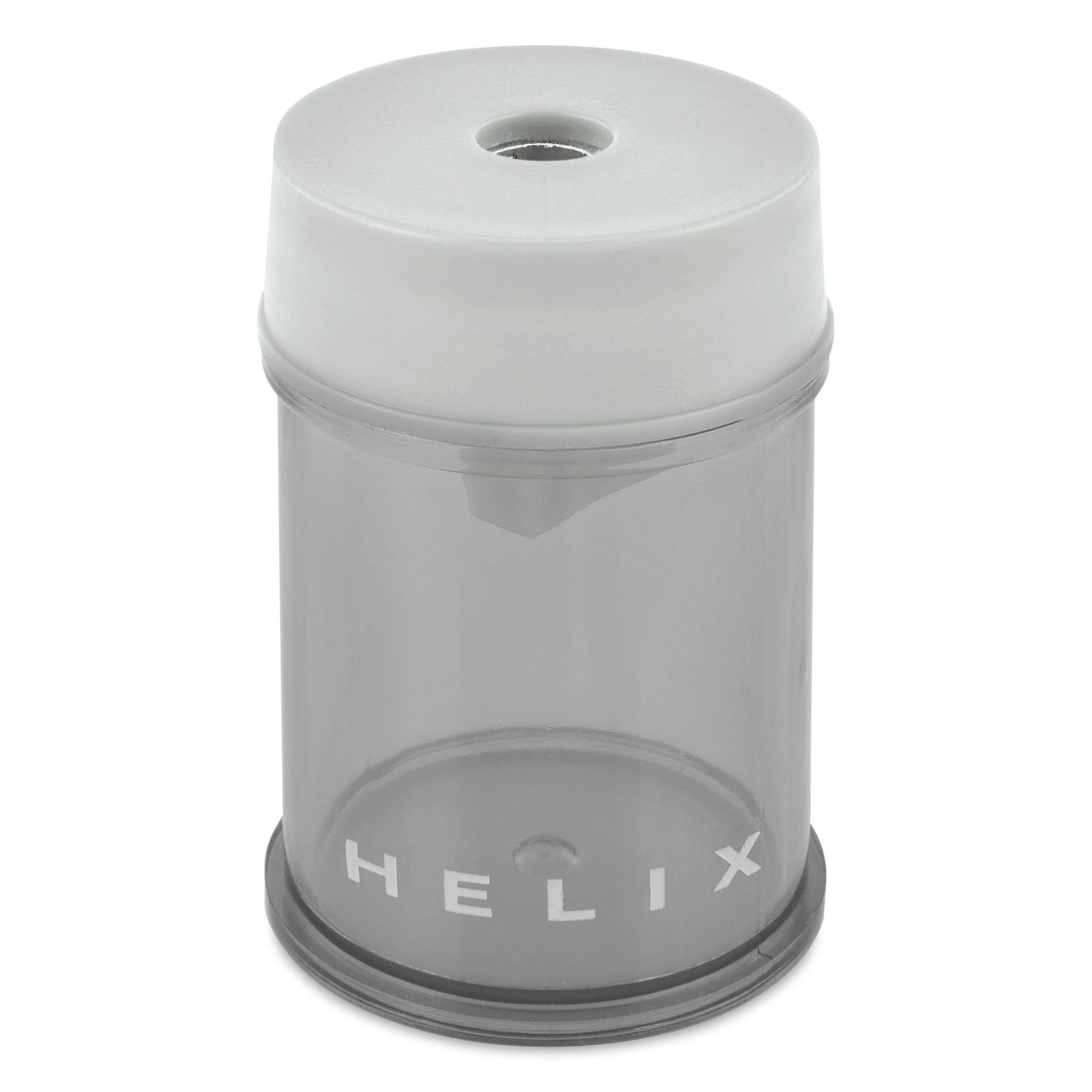 Helix Hand-Held Pencil Sharpener - Single Hole, shown on top of the Gray colored sharpener