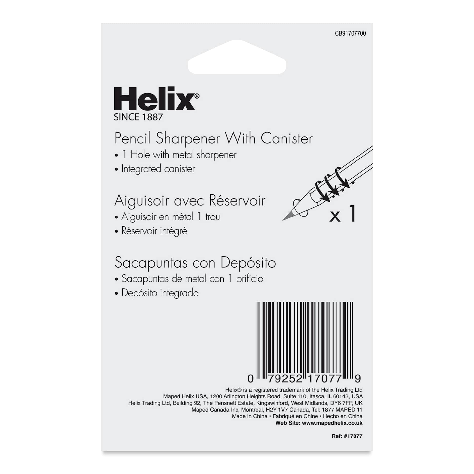 Helix Hand-Held Pencil Sharpener - Single Hole, back of the packaging
