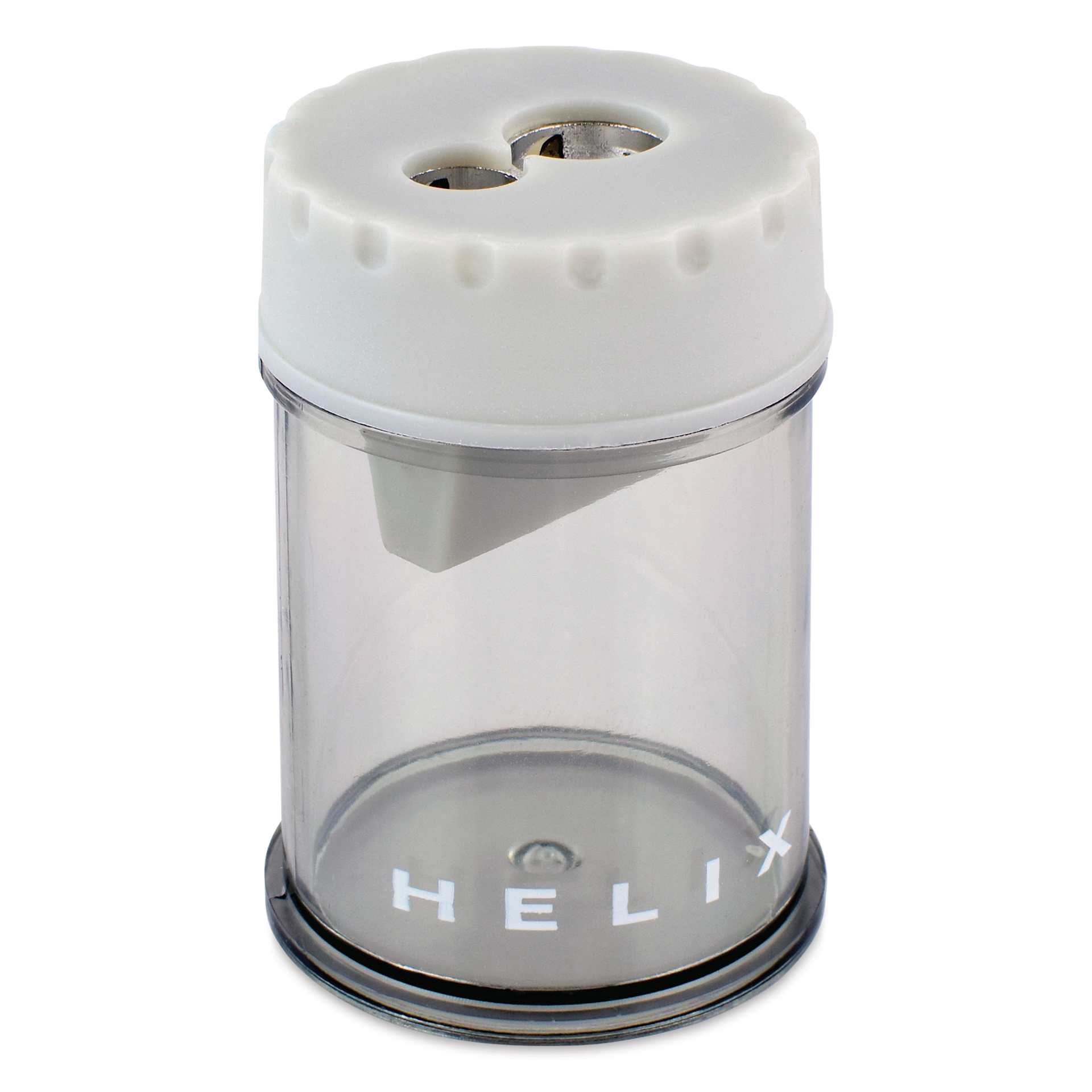 Helix Hand-Held Pencil Sharpener - Double Hole, shown on top of the Gray colored sharpener
