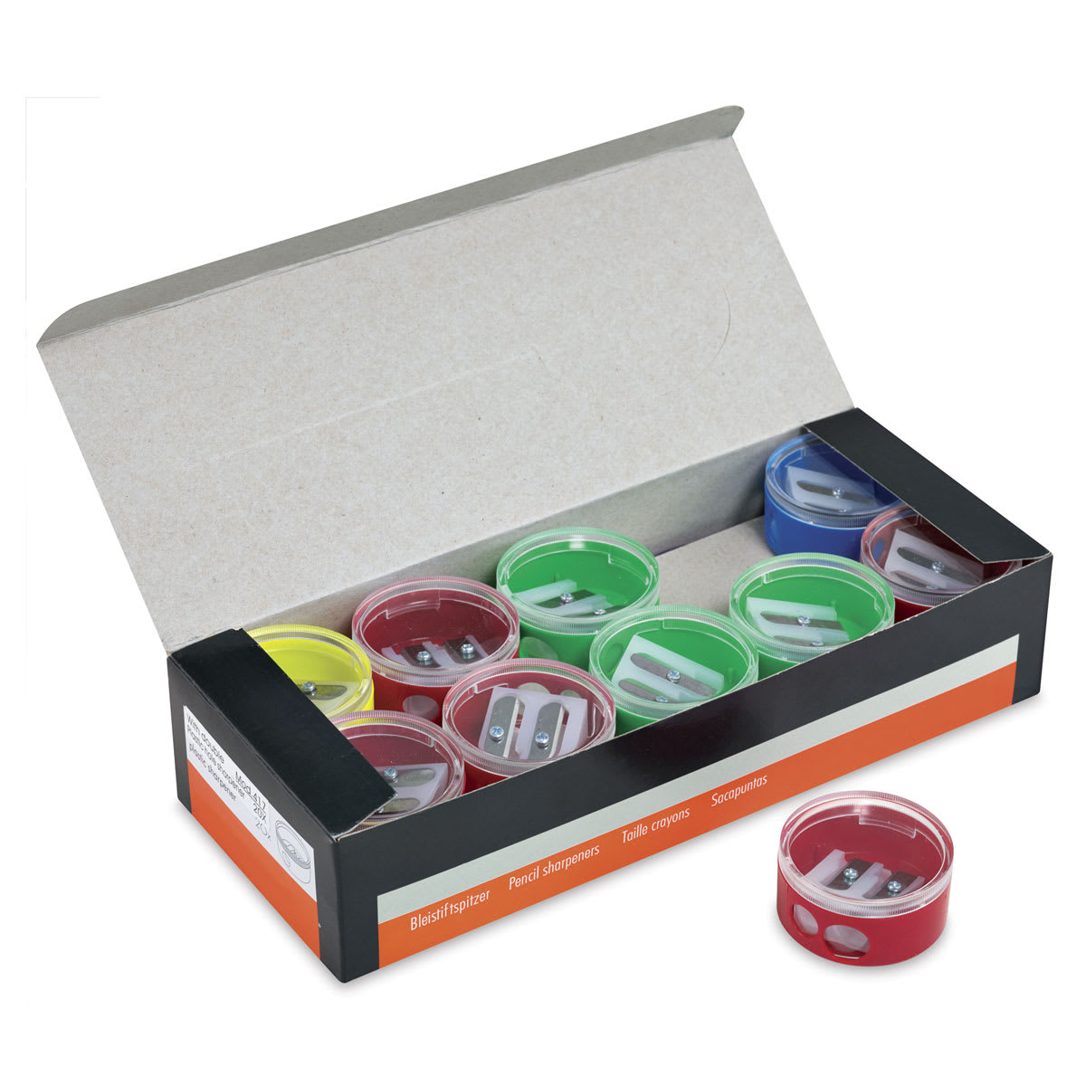 Pencil Grip Two-Hole Sharpener Classroom Pack - Angled view of open classpack with one sharpener out