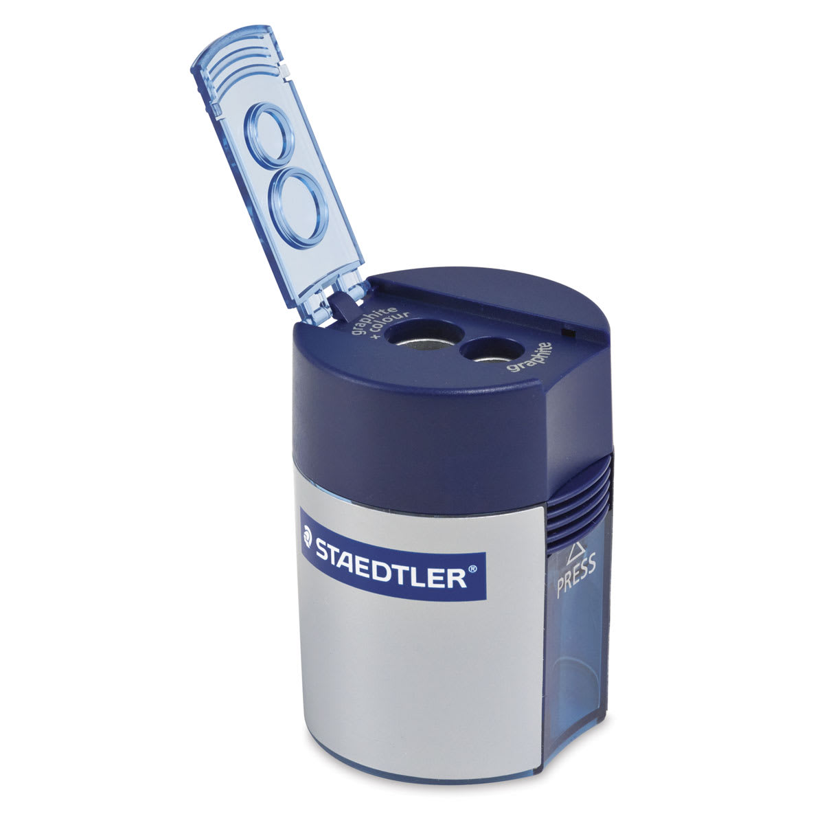 Staedtler Two-Hole Tub Pencil Sharpener - Front view of sharpener with lid open