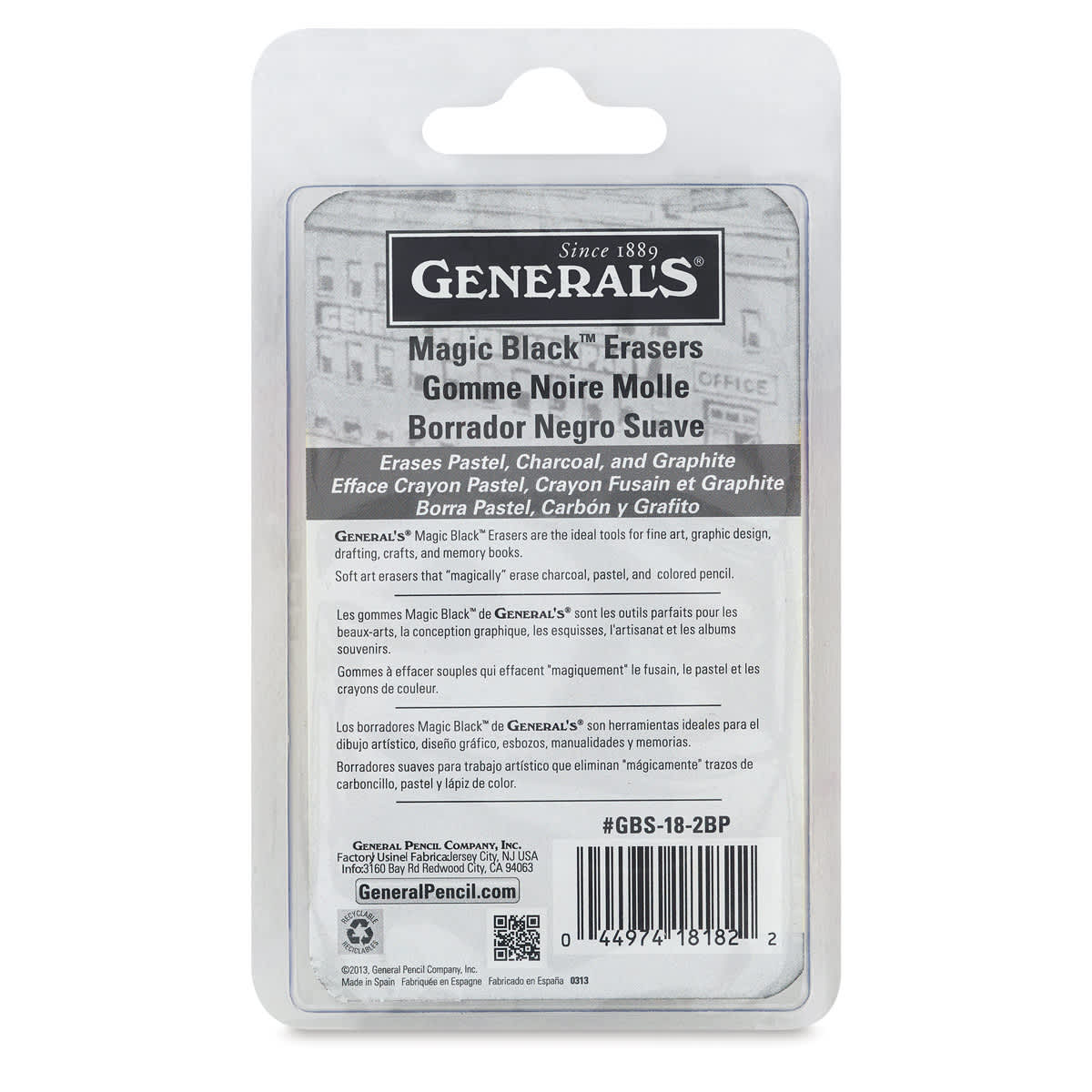 General's Factis Soft Black Erasers - Pkg of 2 (back of package)