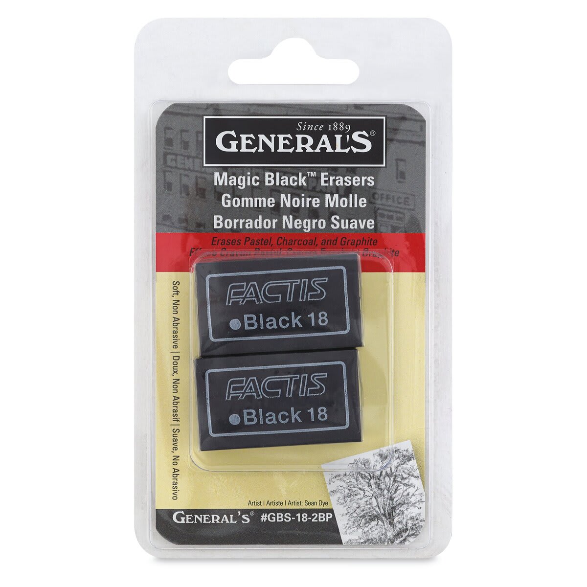 General's Factis Magic Black Eraser - Front of blister package showing 2 black erasers